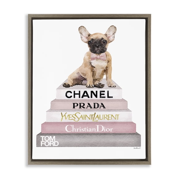 Stupell Industries Watercolor Bookstack French Bulldog Beauty & Fashion Painting Brown Floater Framed Canvas Art Print Wall Art, 17 x 21