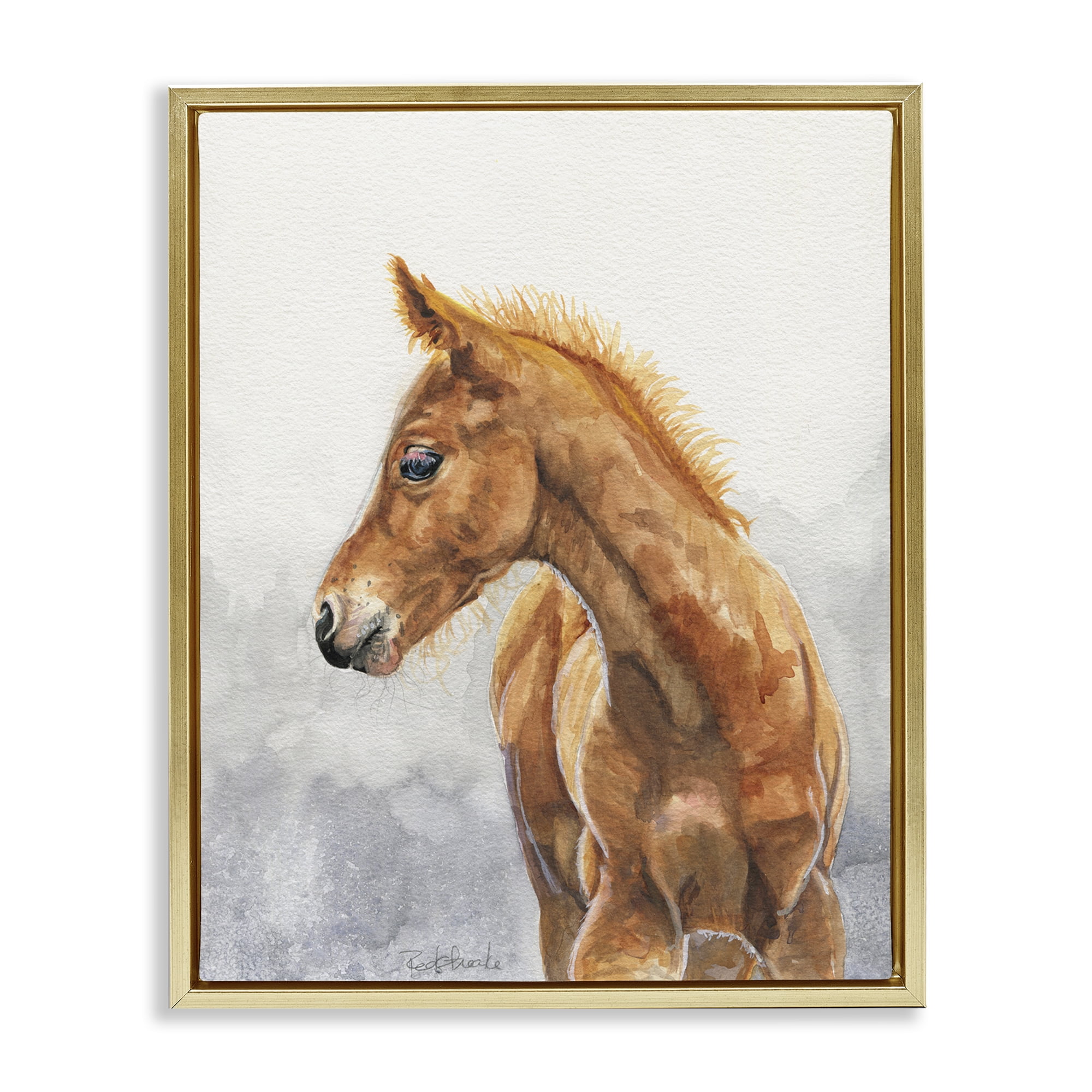 Stupell Industries Watercolor Brown Foal Animals Painting Gold Floater Framed Canvas Art Print Wall Art, 25 x 31