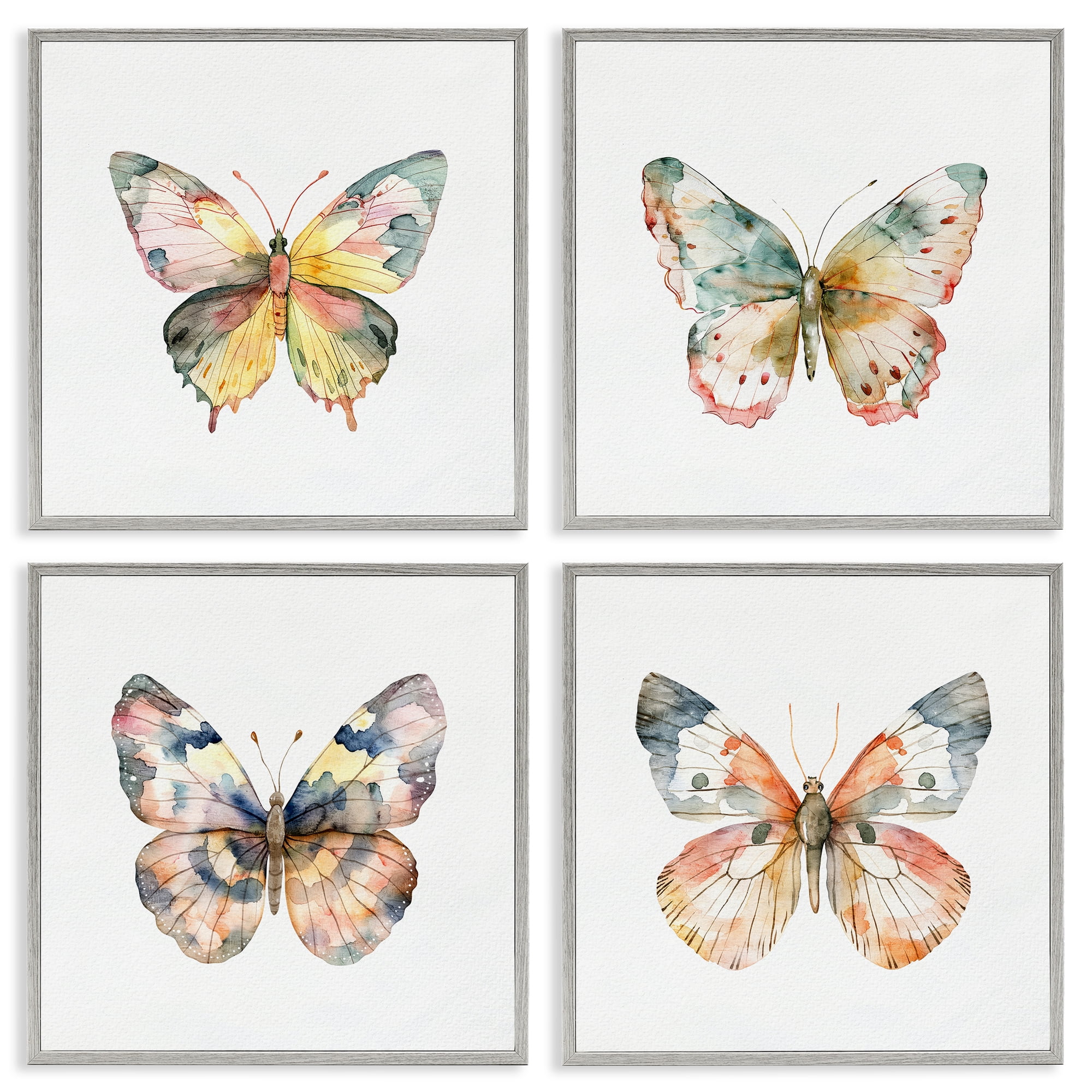 Stupell Industries Watercolor Butterfly Forms 4 Piece Gray Framed Giclee Art Set, design by Kim Allen