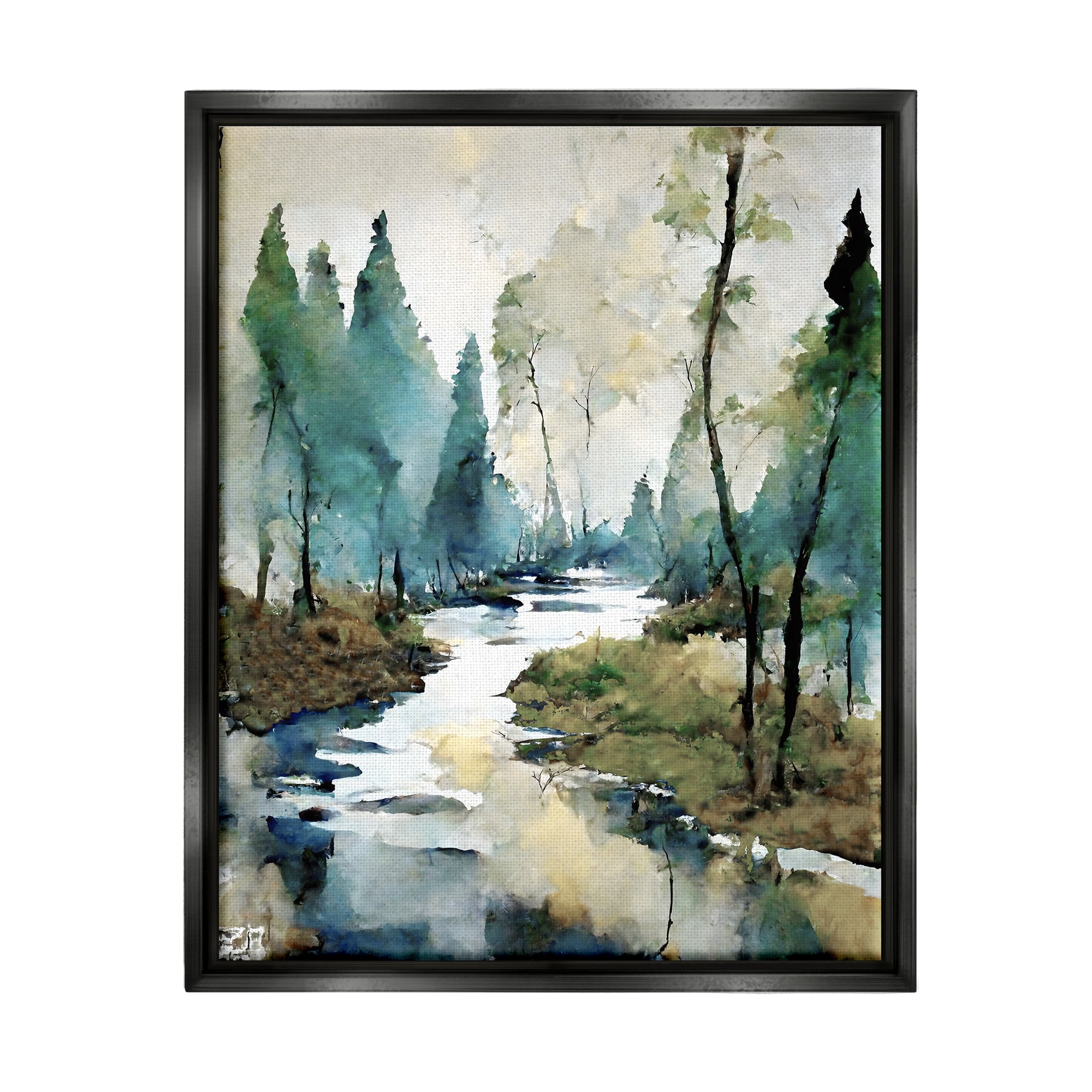 Stupell Industries Watercolor Creek Landscape Landscape Painting Black Floater Framed Canvas Art Print Wall Art, 25 x 31