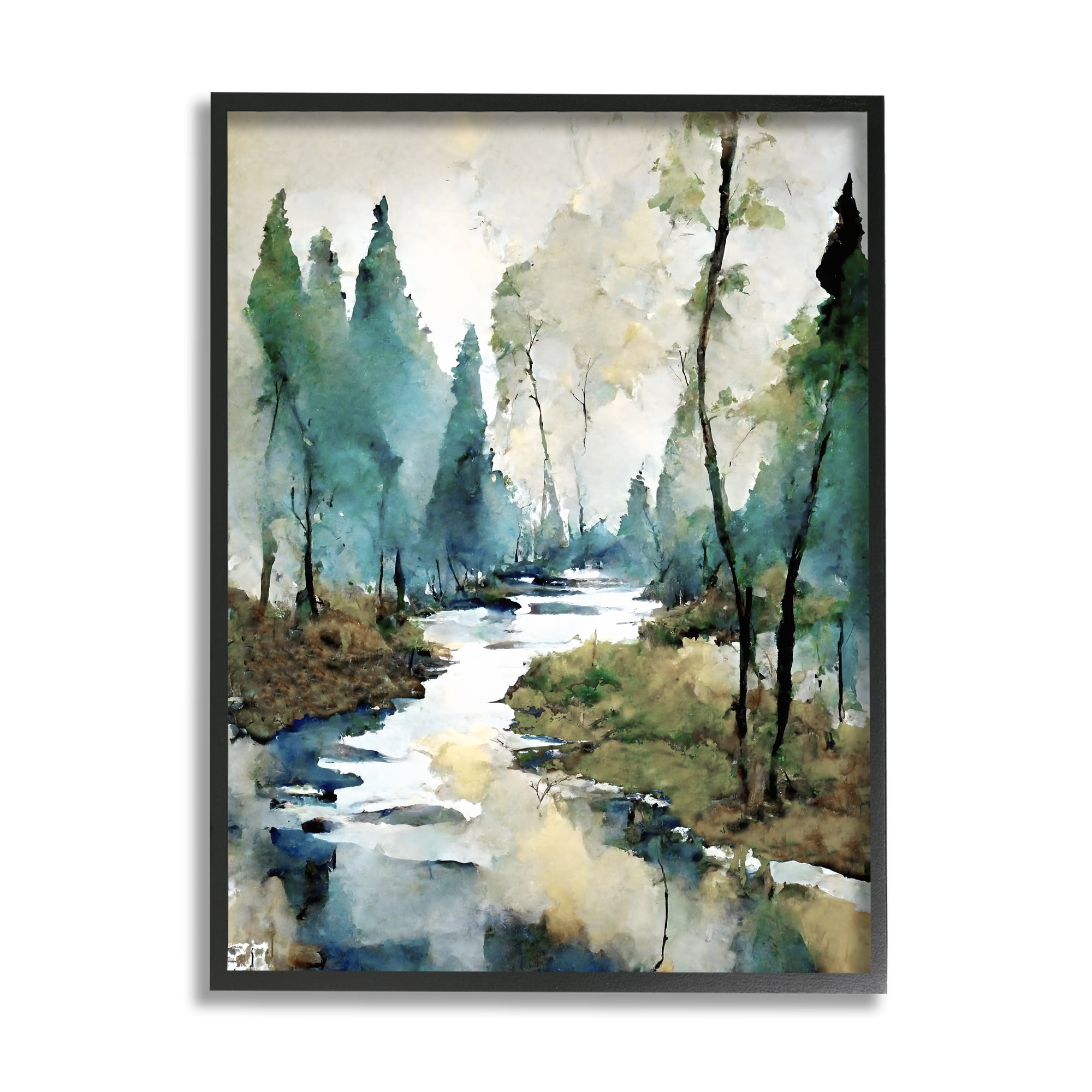 Stupell Industries Watercolor Creek Landscape Landscape Painting Black Framed Art Print Wall Art, 16 x 20