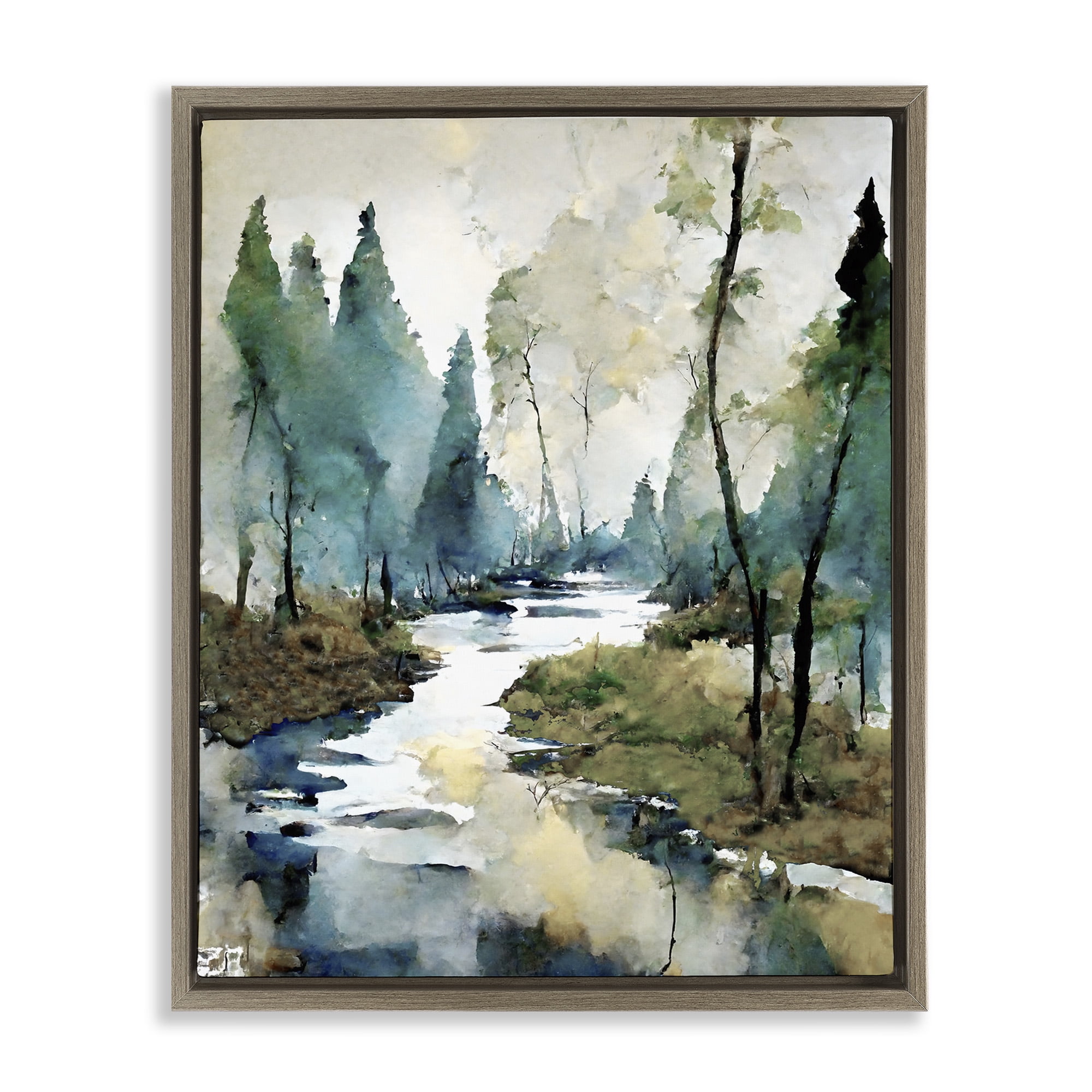 Stupell Industries Watercolor Creek Landscape Landscape Painting Brown Floater Framed Canvas Art Print Wall Art, 17 x 21