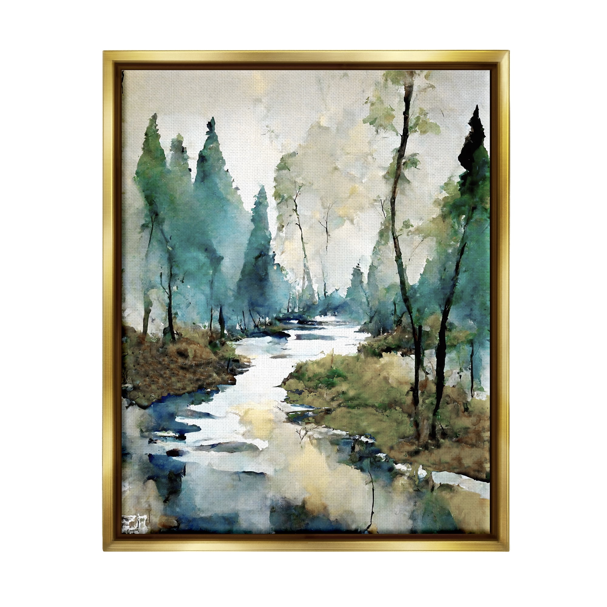 Stupell Industries Watercolor Creek Landscape Landscape Painting Gold Floater Framed Canvas Art Print Wall Art, 25 x 31