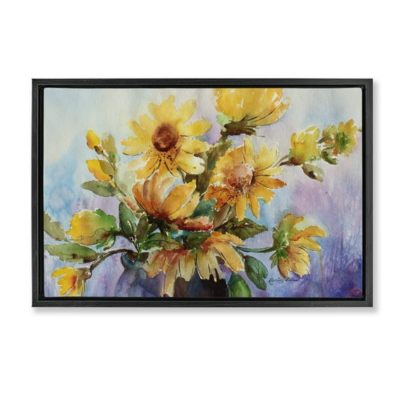 Stupell Industries Watercolor Daisies Vase Botanical & Floral Painting Black Floater Framed Art Print Wall Art, 25 x 17