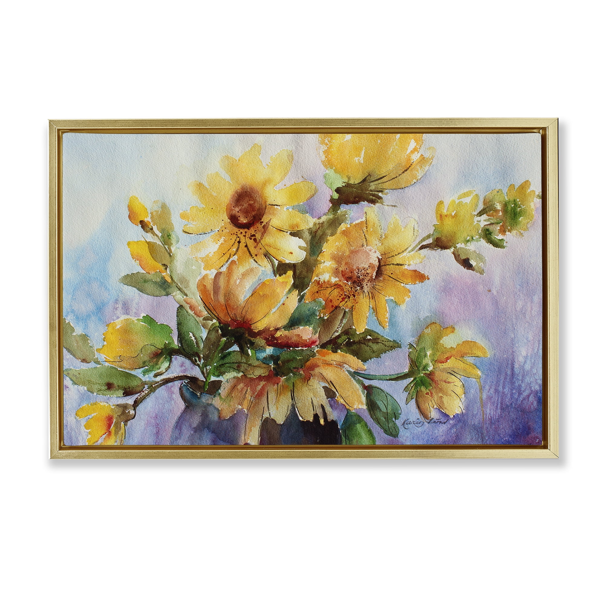 Stupell Industries Watercolor Daisies Vase Botanical & Floral Painting Gold Floater Framed Art Print Wall Art, 31 x 21
