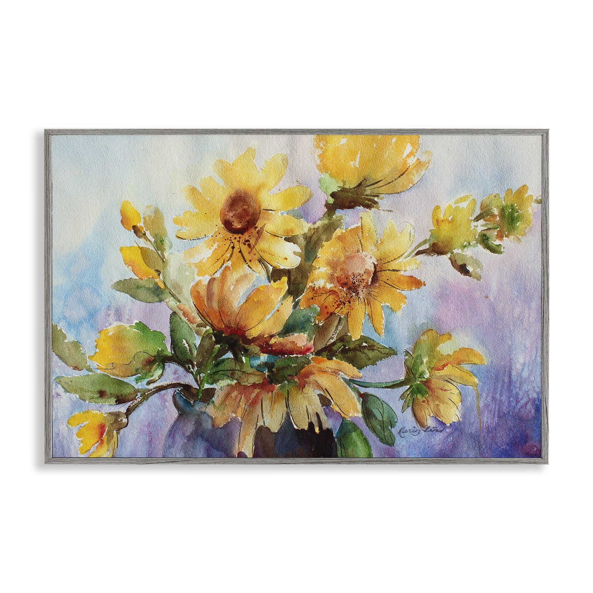 Stupell Industries Watercolor Daisies Vase Botanical & Floral Painting Gray Framed Art Print Wall Art, 18 x 12