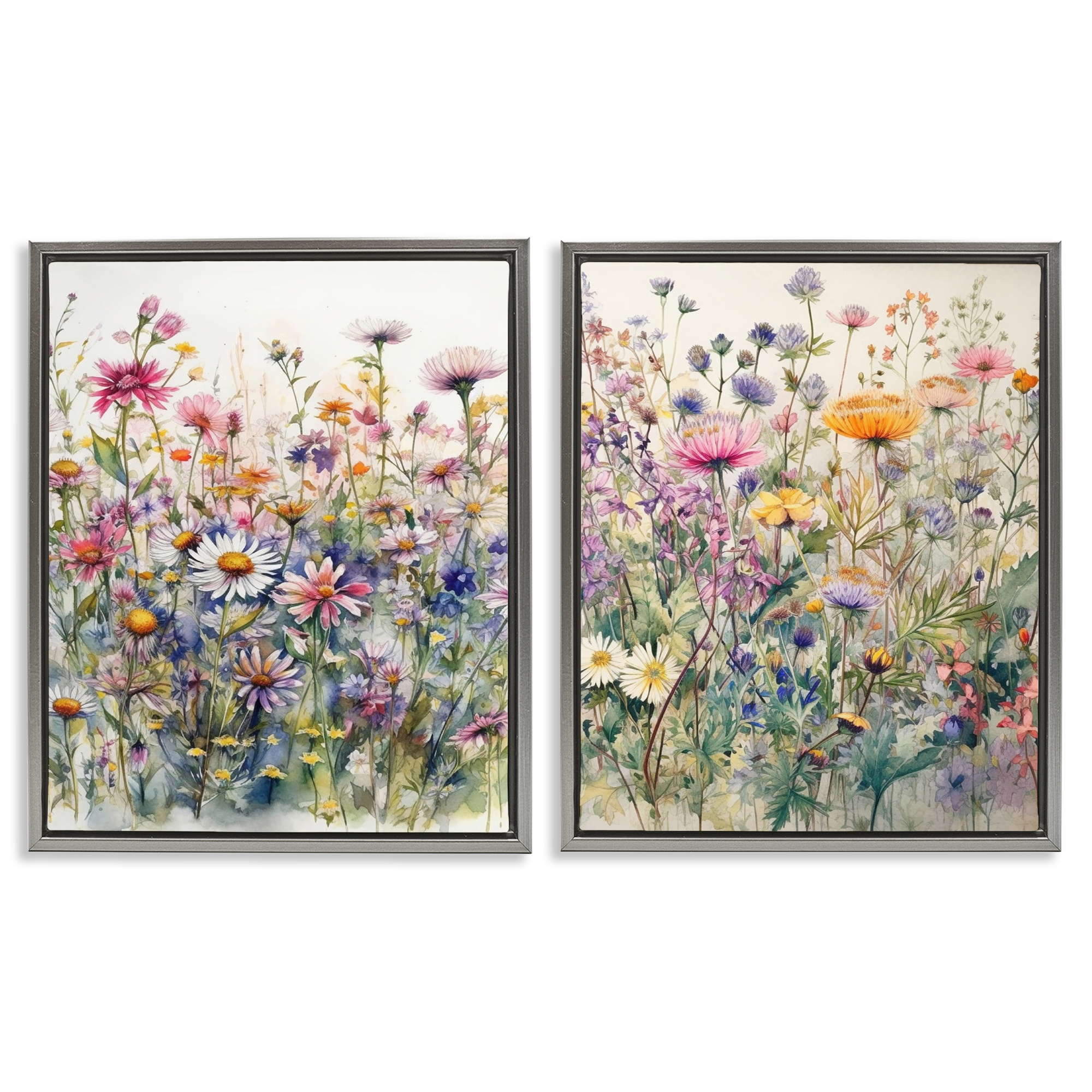 Stupell Industries Watercolor Daisy & Aster Field Plants & Flowers Painting Gray Floater Framed Canvas Art Print Wall Art, 17 x 21, Set of 2