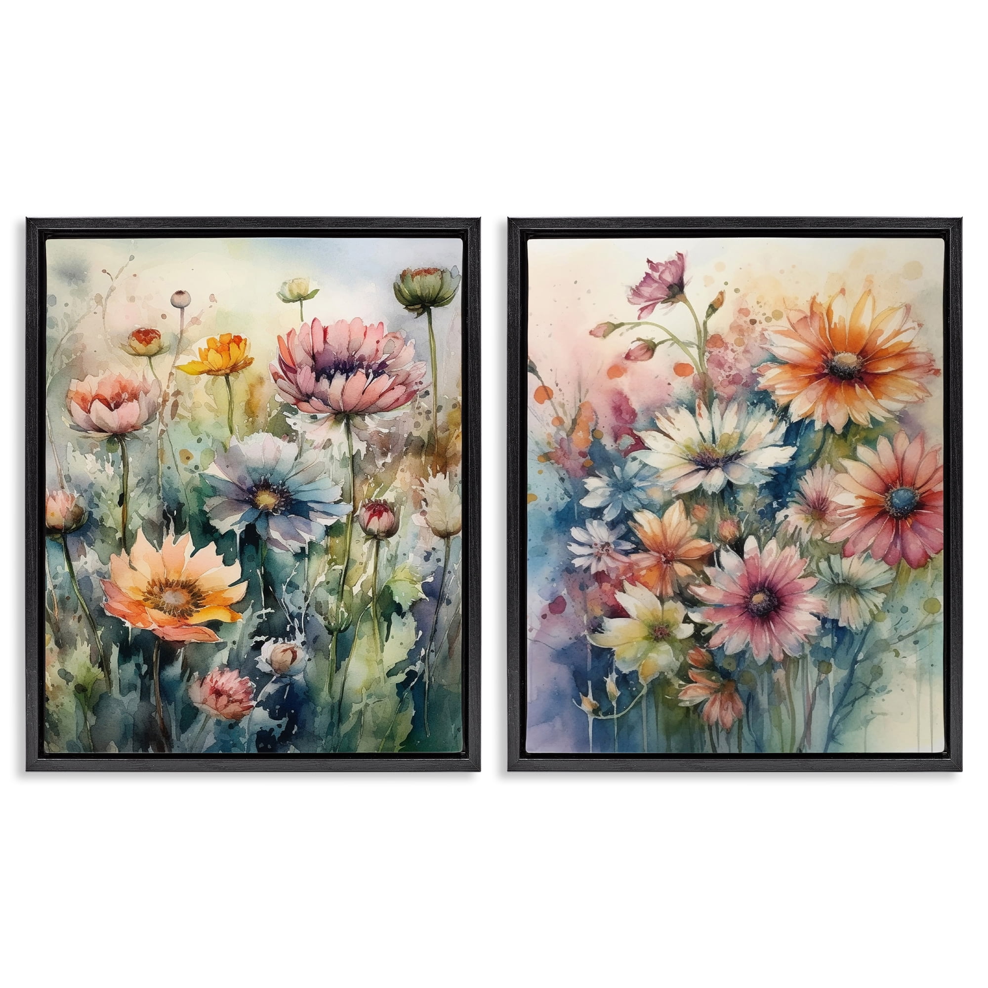 Stupell Industries Watercolor Daisy Field Flowers Plants & Flowers Painting Black Floater Framed Canvas Art Print Wall Art, 31 x 25, Set of 2