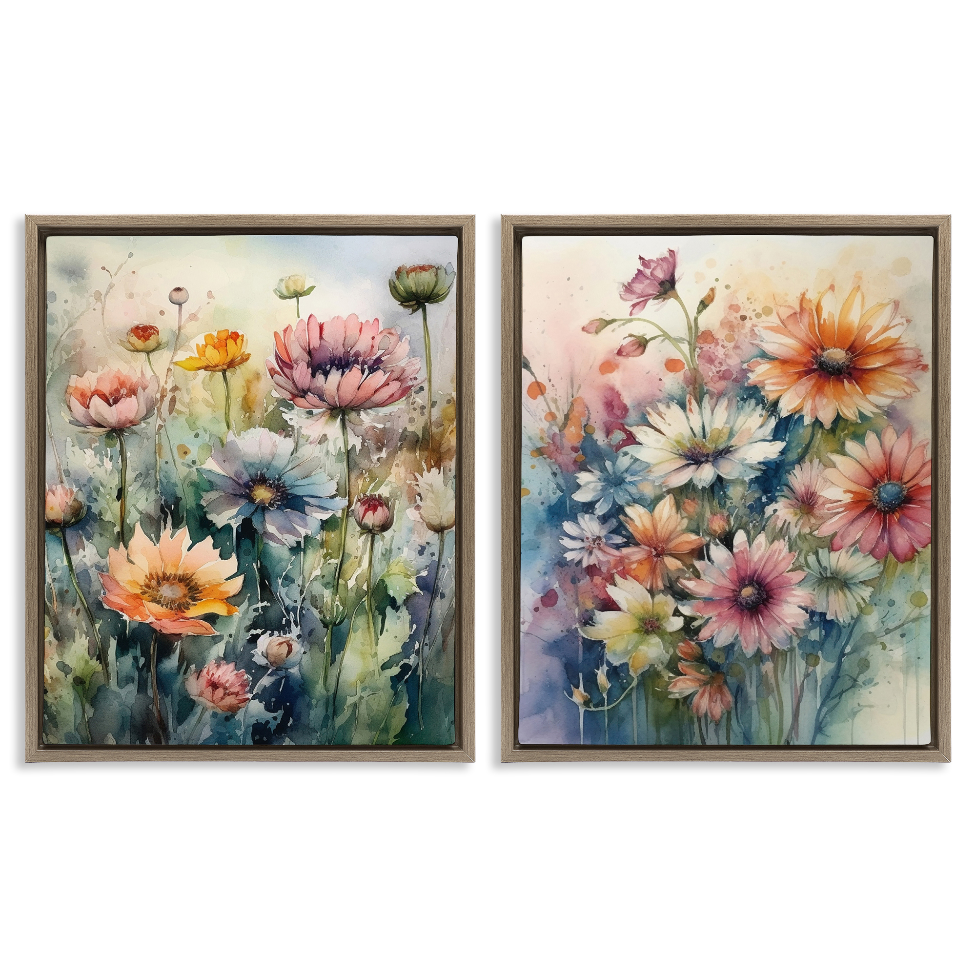 Stupell Industries Watercolor Daisy Field Flowers Plants & Flowers Painting Brown Floater Framed Canvas Art Print Wall Art, 17 x 21, Set of 2