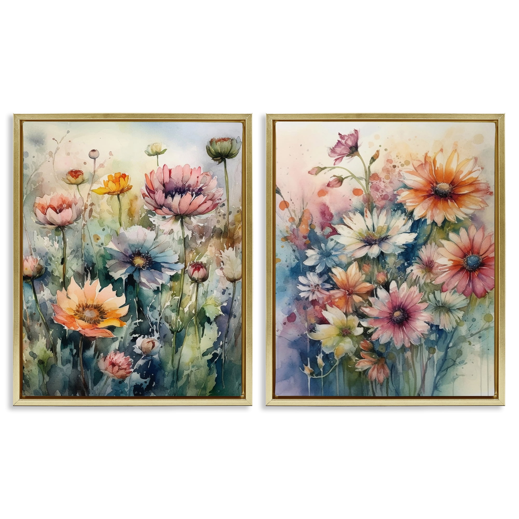 Stupell Industries Watercolor Daisy Field Flowers Plants & Flowers Painting Gold Floater Framed Canvas Art Print Wall Art, 17 x 21, Set of 2