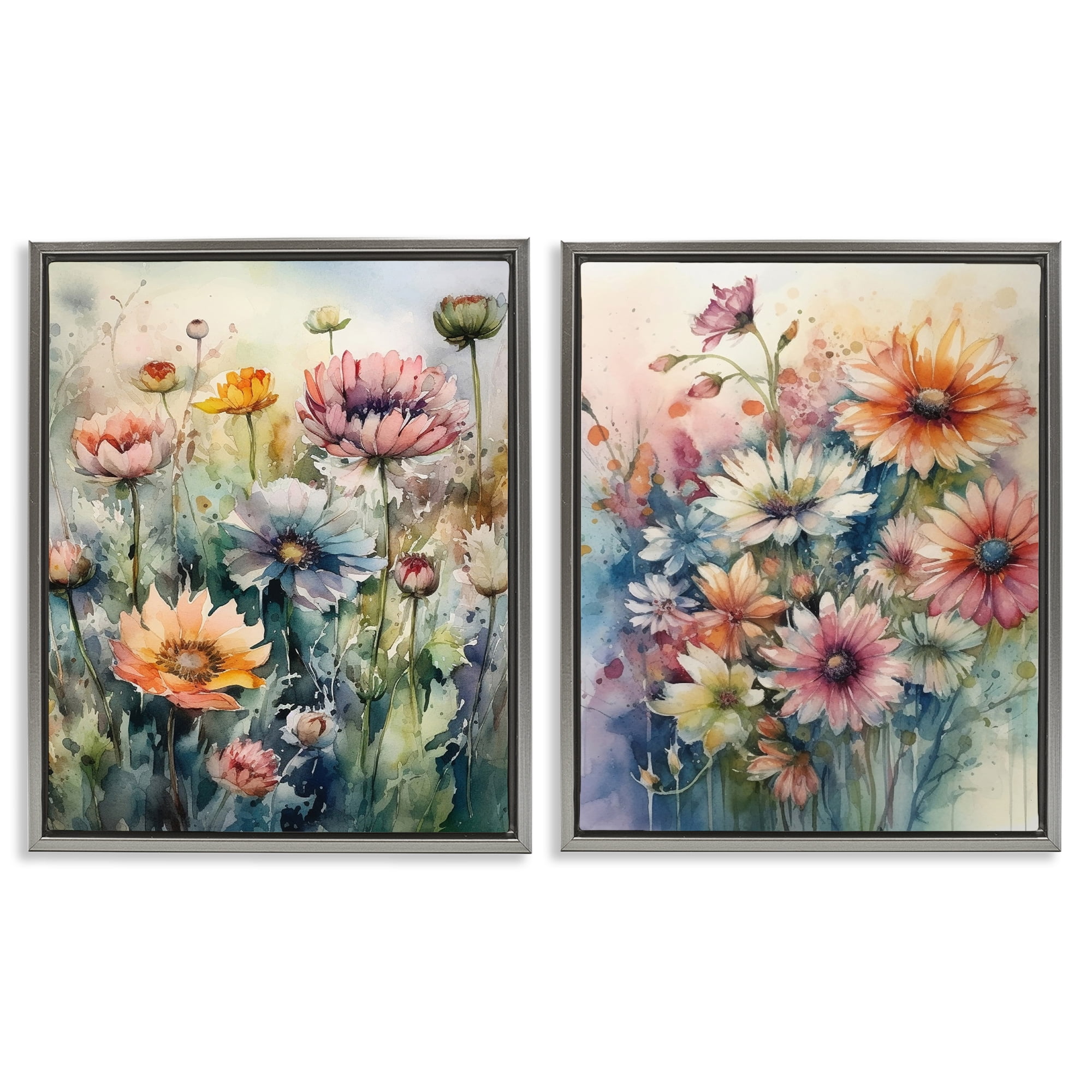 Stupell Industries Watercolor Daisy Field Flowers Plants & Flowers Painting Gray Floater Framed Canvas Art Print Wall Art, 31 x 25, Set of 2