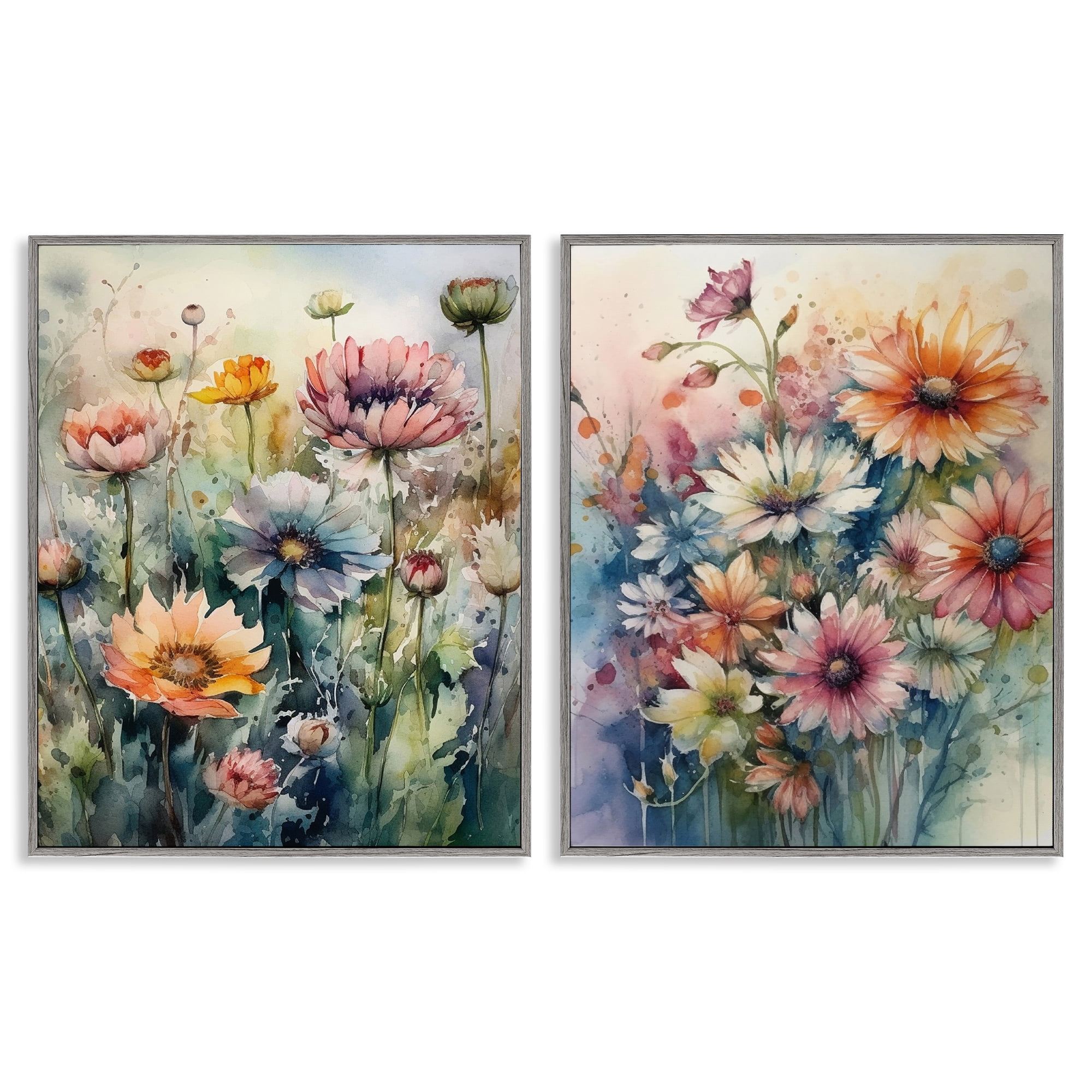 Stupell Industries Watercolor Daisy Field Flowers Plants & Flowers Painting Gray Framed Art Print Wall Art, 11 x 14, Set of 2