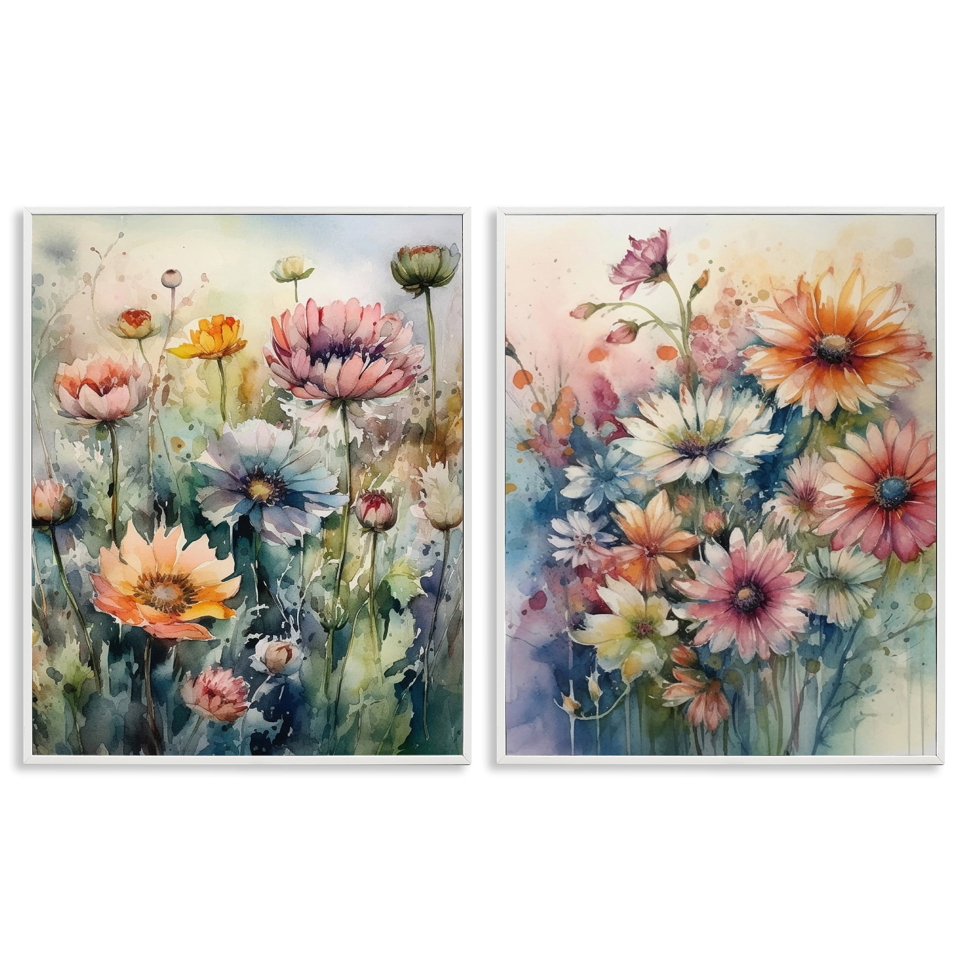 Stupell Industries Watercolor Daisy Field Flowers Plants & Flowers Painting White Framed Art Print Wall Art, 11 x 14, Set of 2