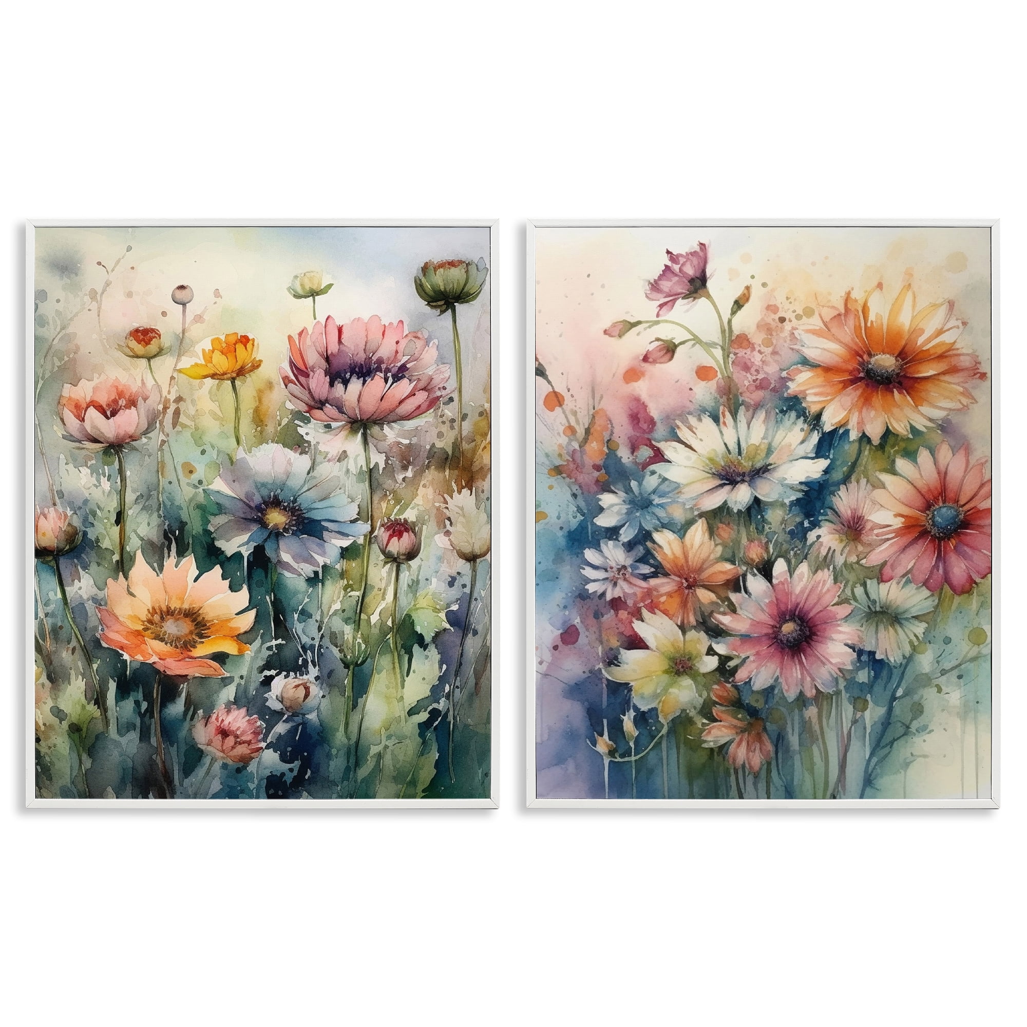 Stupell Industries Watercolor Daisy Field Flowers Plants & Flowers Painting White Framed Art Print Wall Art, 24 x 30, Set of 2