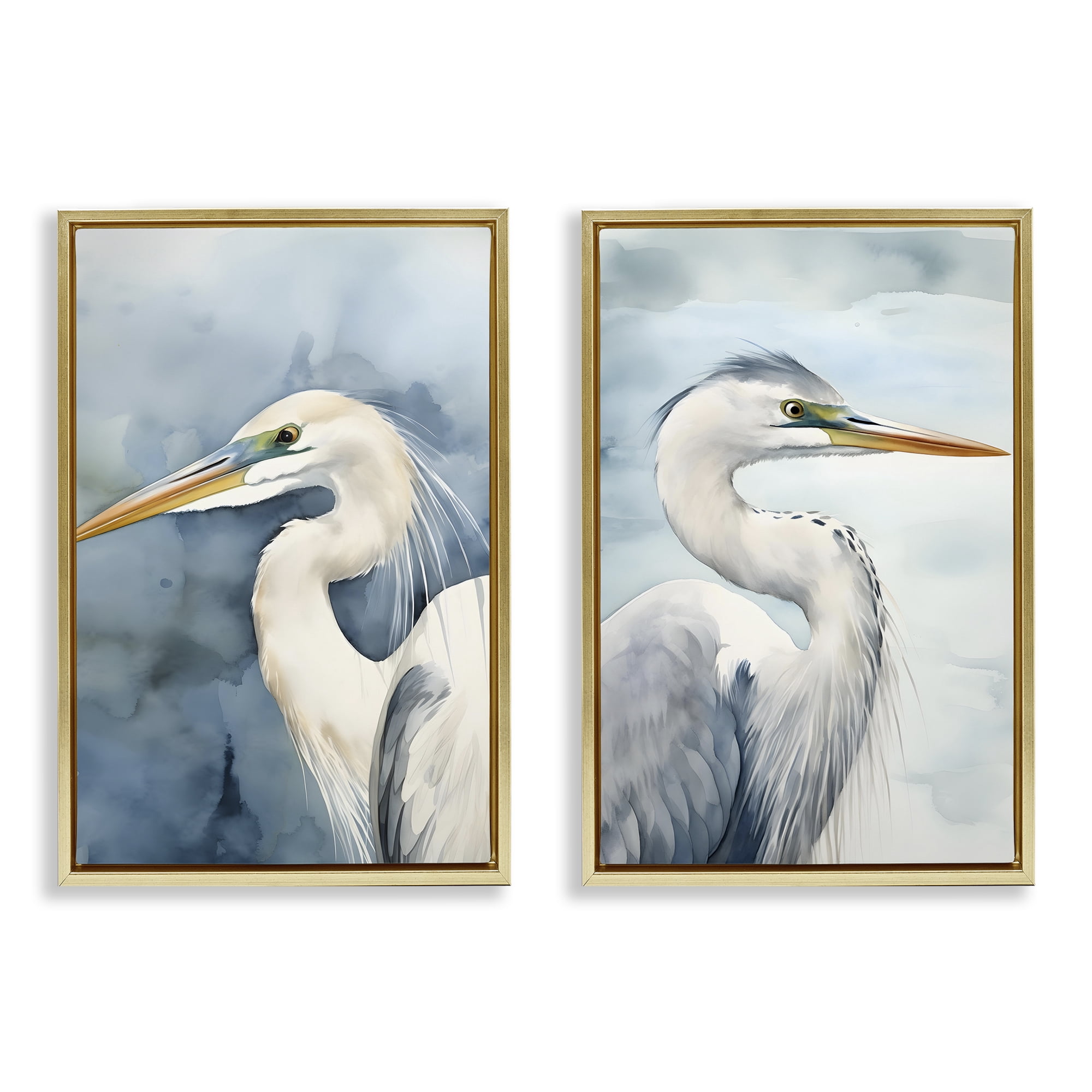 Stupell Industries Watercolor Detailed Beach Birds Animals Painting Gold Floater Framed Canvas Art Print Wall Art, 17 x 25, Set of 2