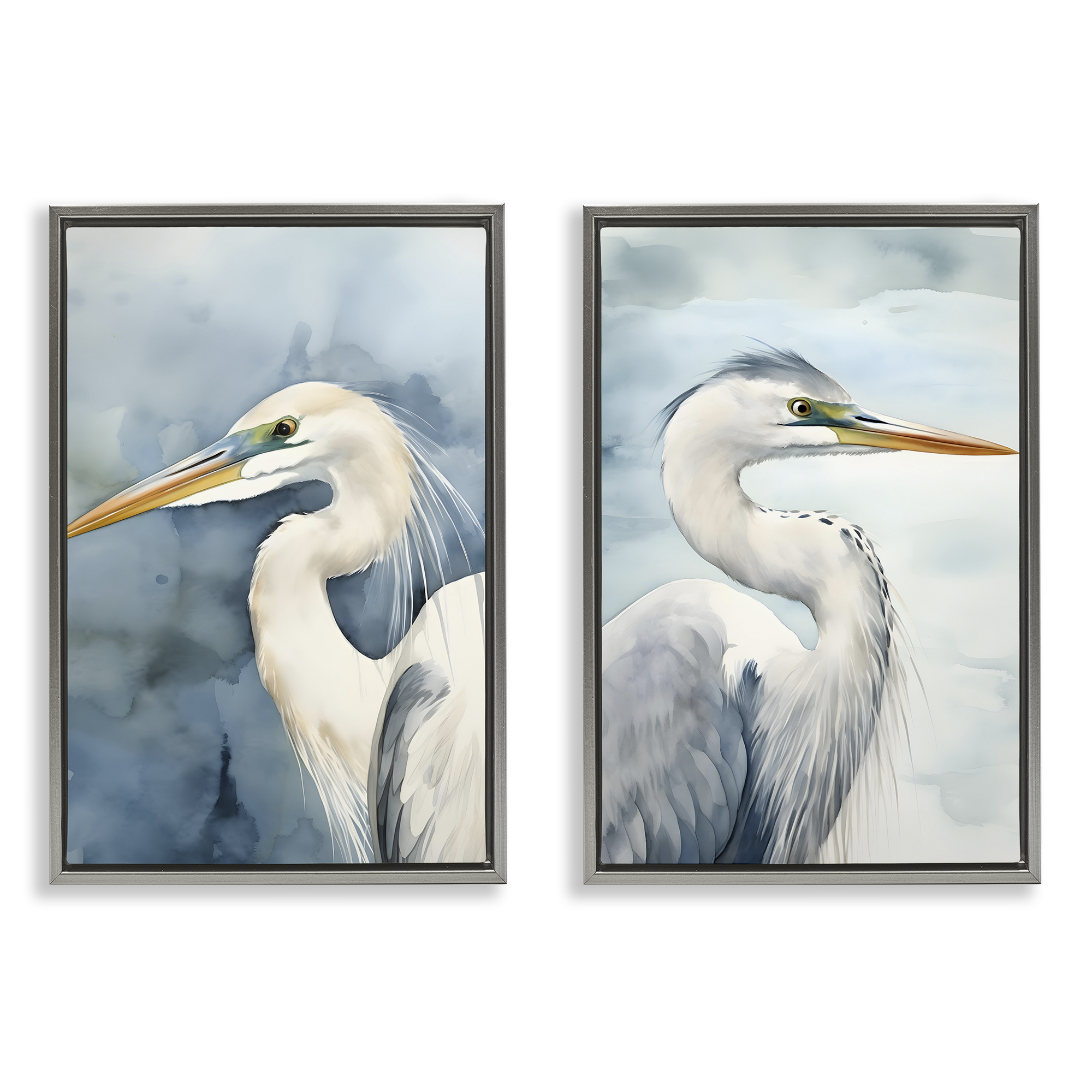 Stupell Industries Watercolor Detailed Beach Birds Animals Painting Gray Floater Framed Canvas Art Print Wall Art, 21 x 31, Set of 2