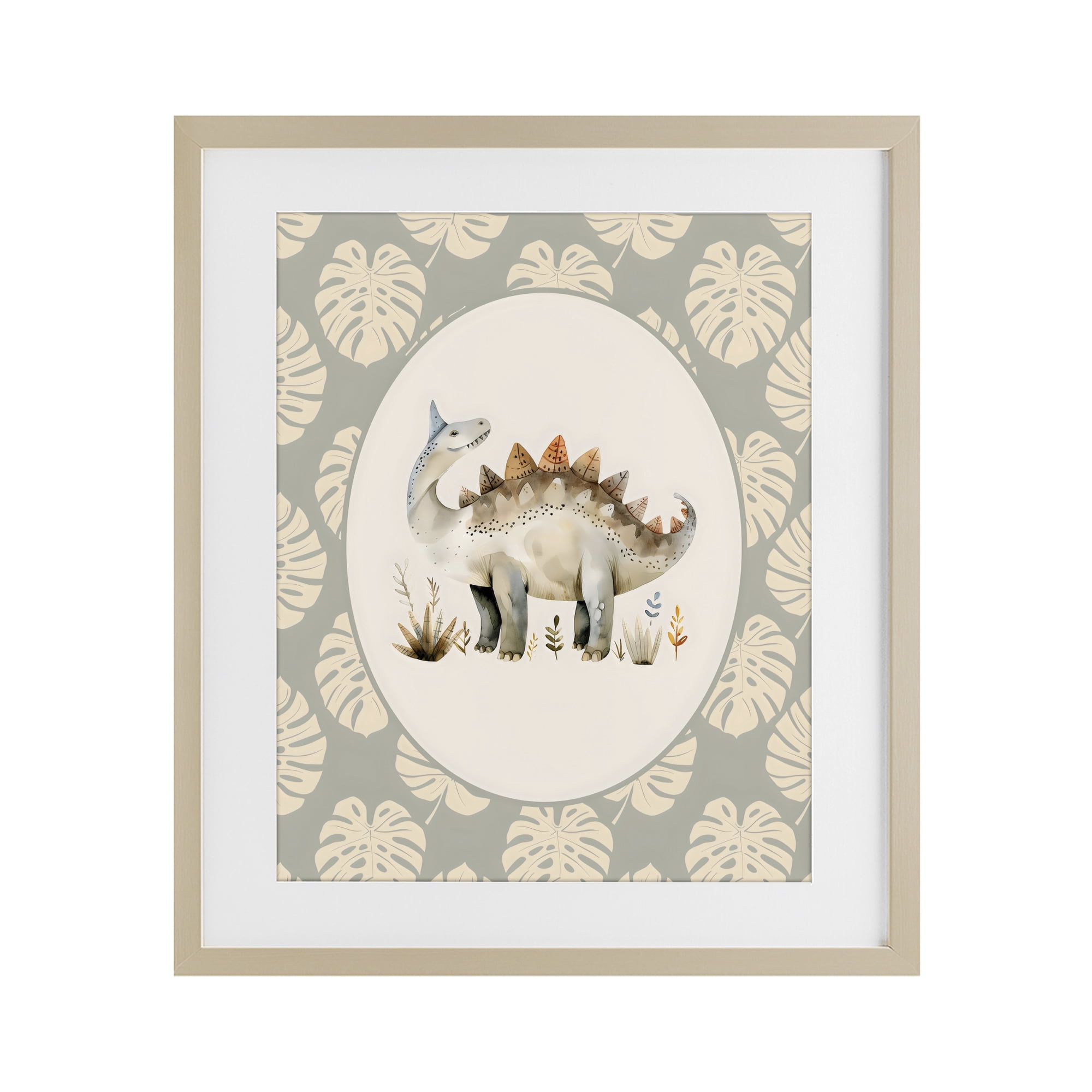 Stupell Industries Watercolor Dinosaur Monstera Border Birch Framed Print Under Glass, design by LSR Design Studio