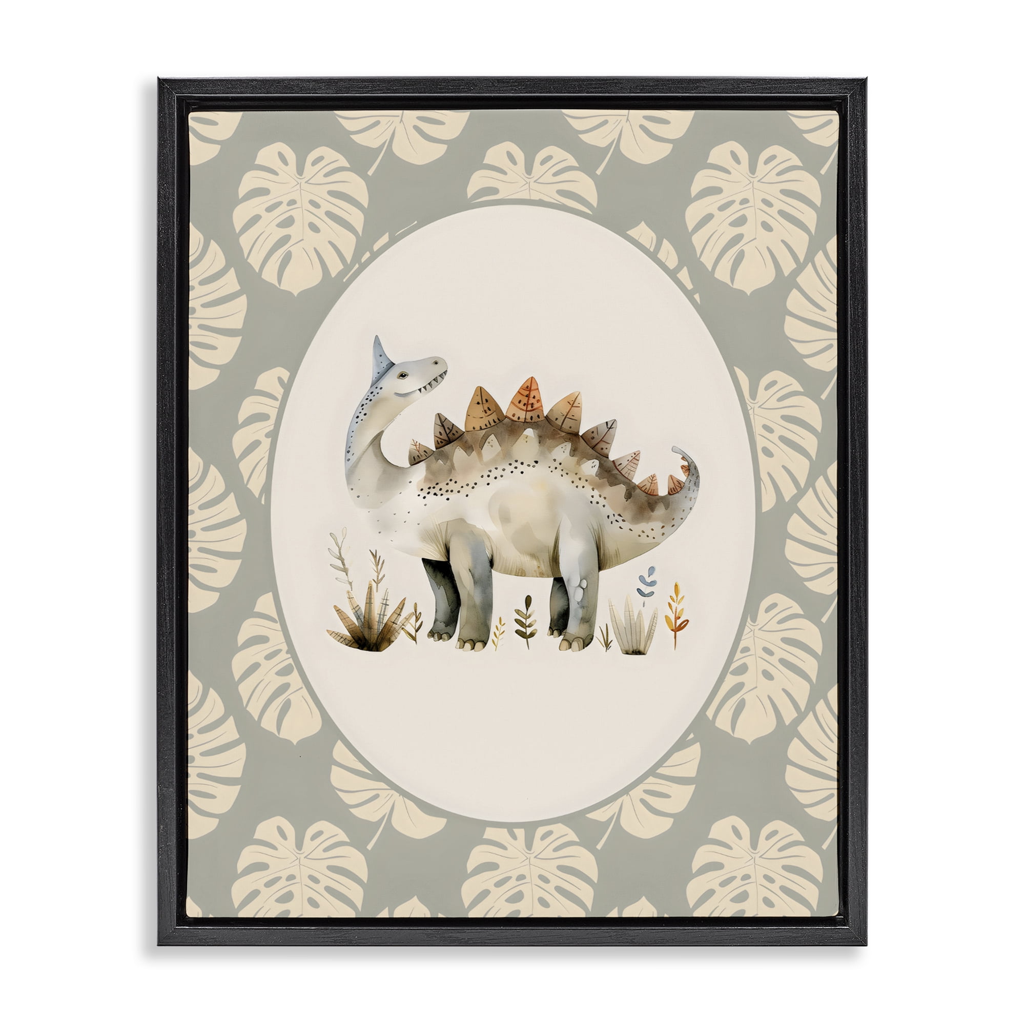 Stupell Industries Watercolor Dinosaur Monstera Border Black Framed Floater Canvas Wall Art, design by LSR Design Studio