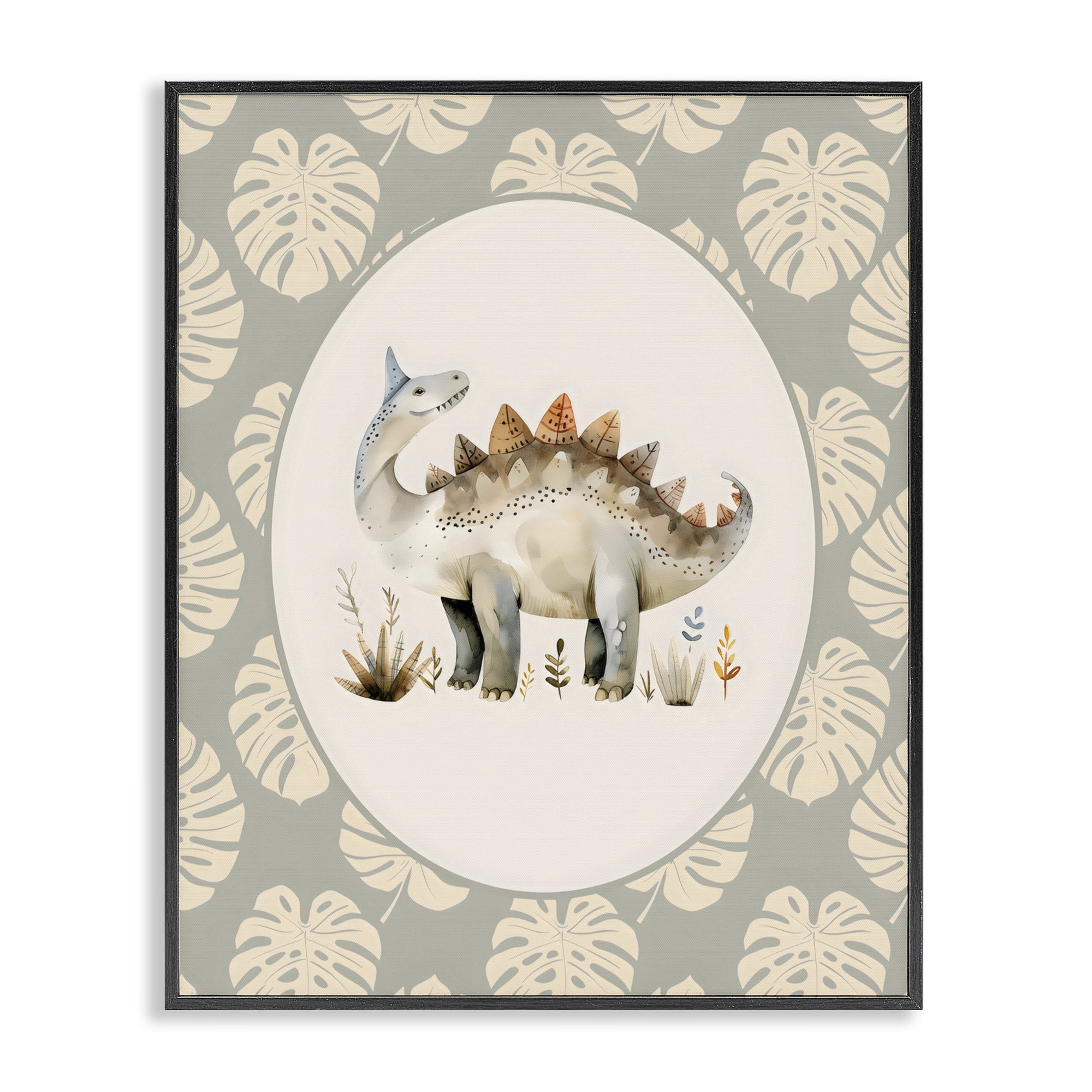 Stupell Industries Watercolor Dinosaur Monstera Border Black Framed Giclee Art, design by LSR Design Studio