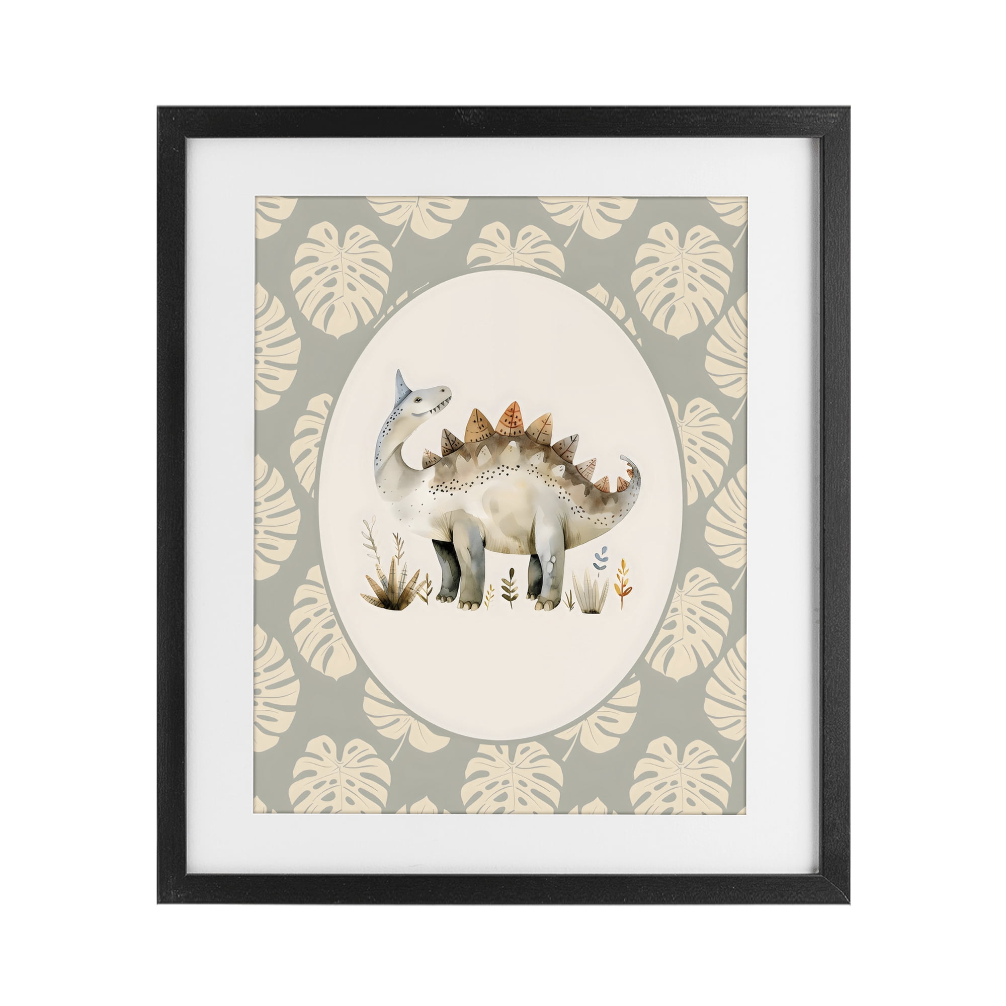 Stupell Industries Watercolor Dinosaur Monstera Border Black Framed Print Under Glass, design by LSR Design Studio