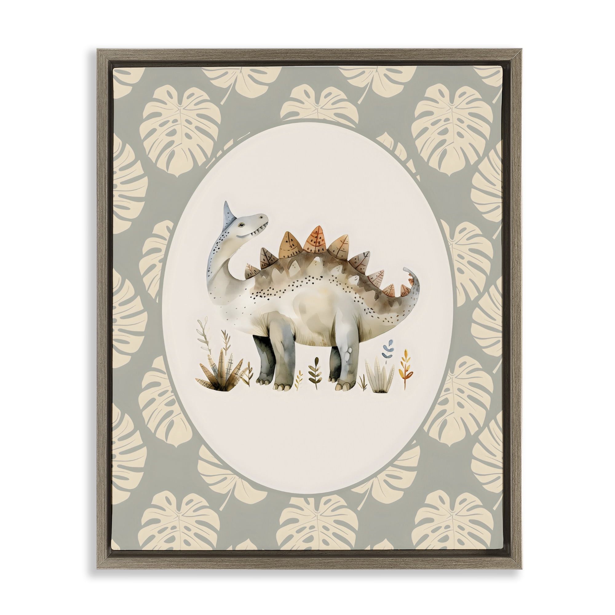 Stupell Industries Watercolor Dinosaur Monstera Border Brown Framed Floater Canvas Wall Art, design by LSR Design Studio