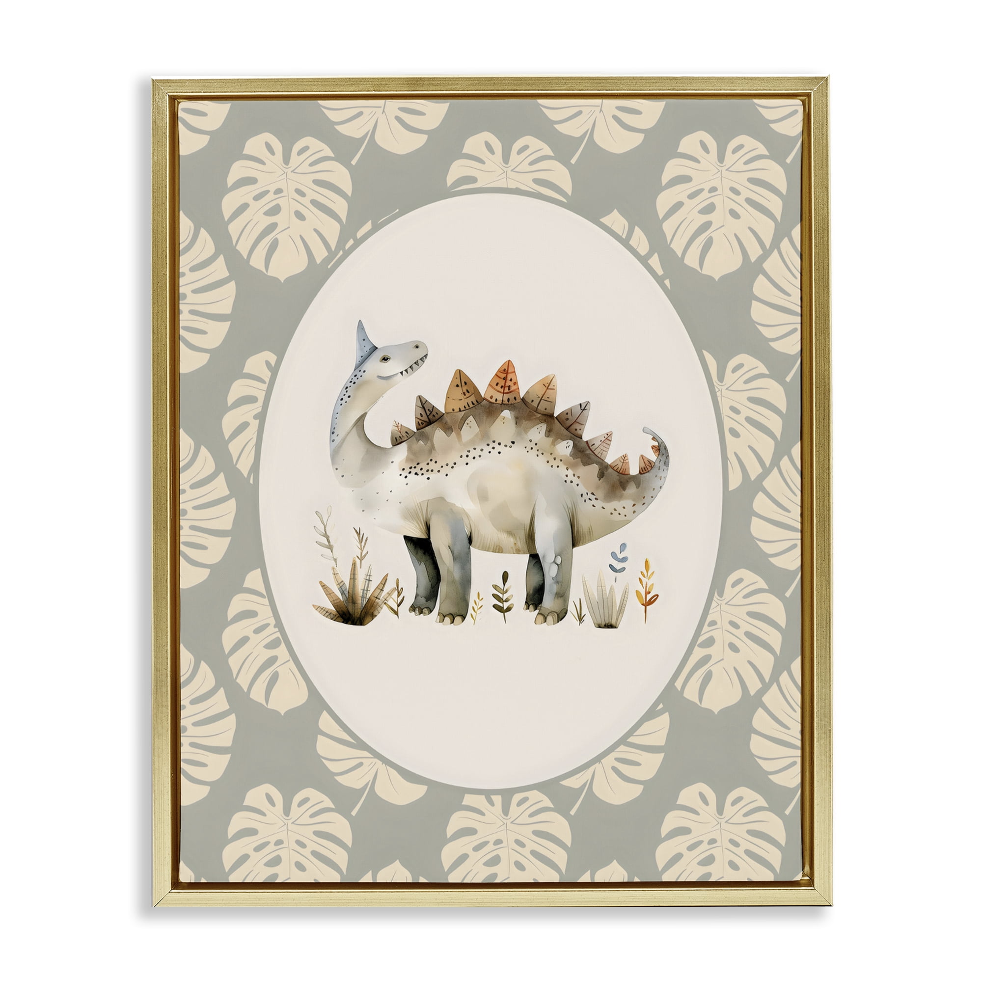 Stupell Industries Watercolor Dinosaur Monstera Border Gold Framed Floater Canvas Wall Art, design by LSR Design Studio
