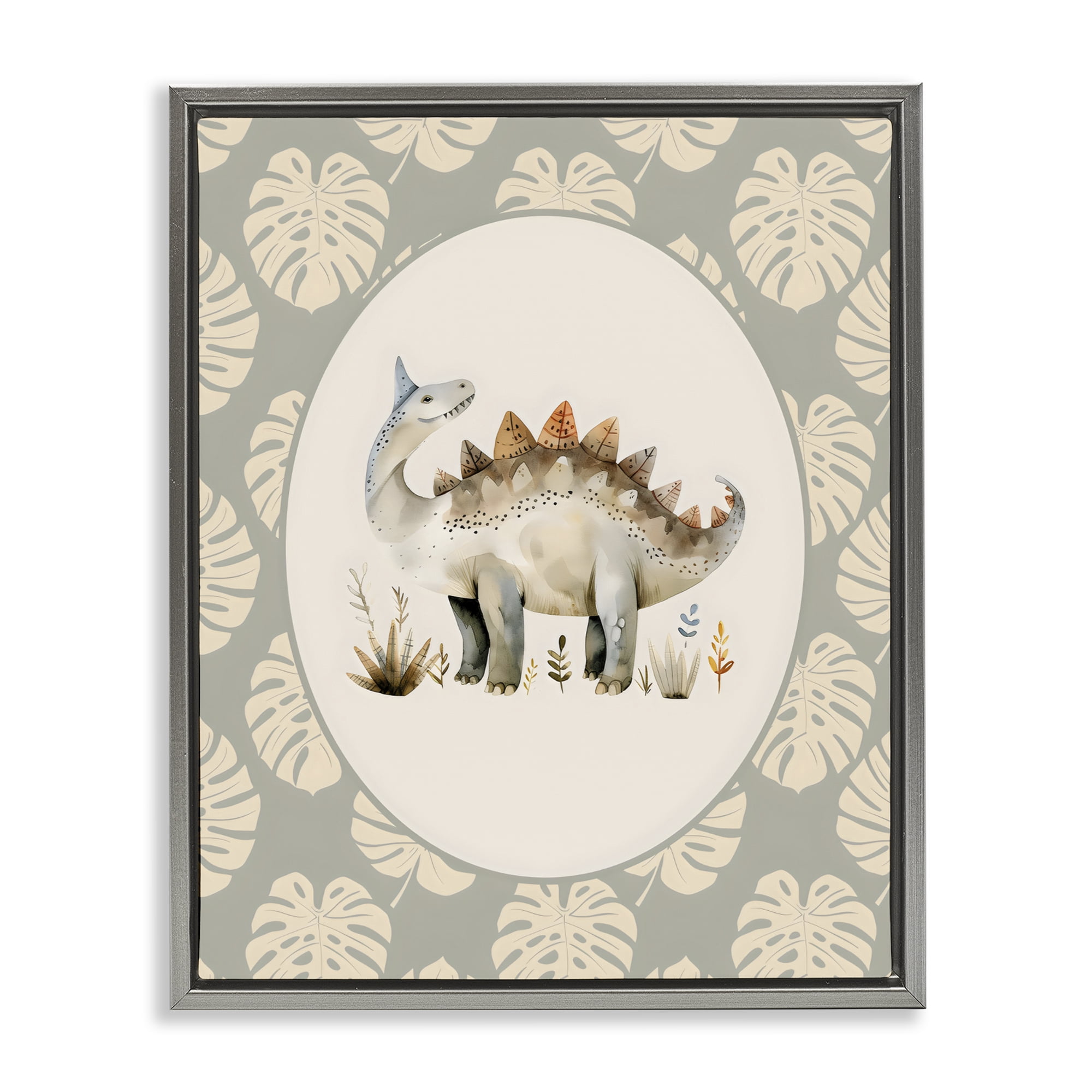Stupell Industries Watercolor Dinosaur Monstera Border Gray Framed Floater Canvas Wall Art, design by LSR Design Studio