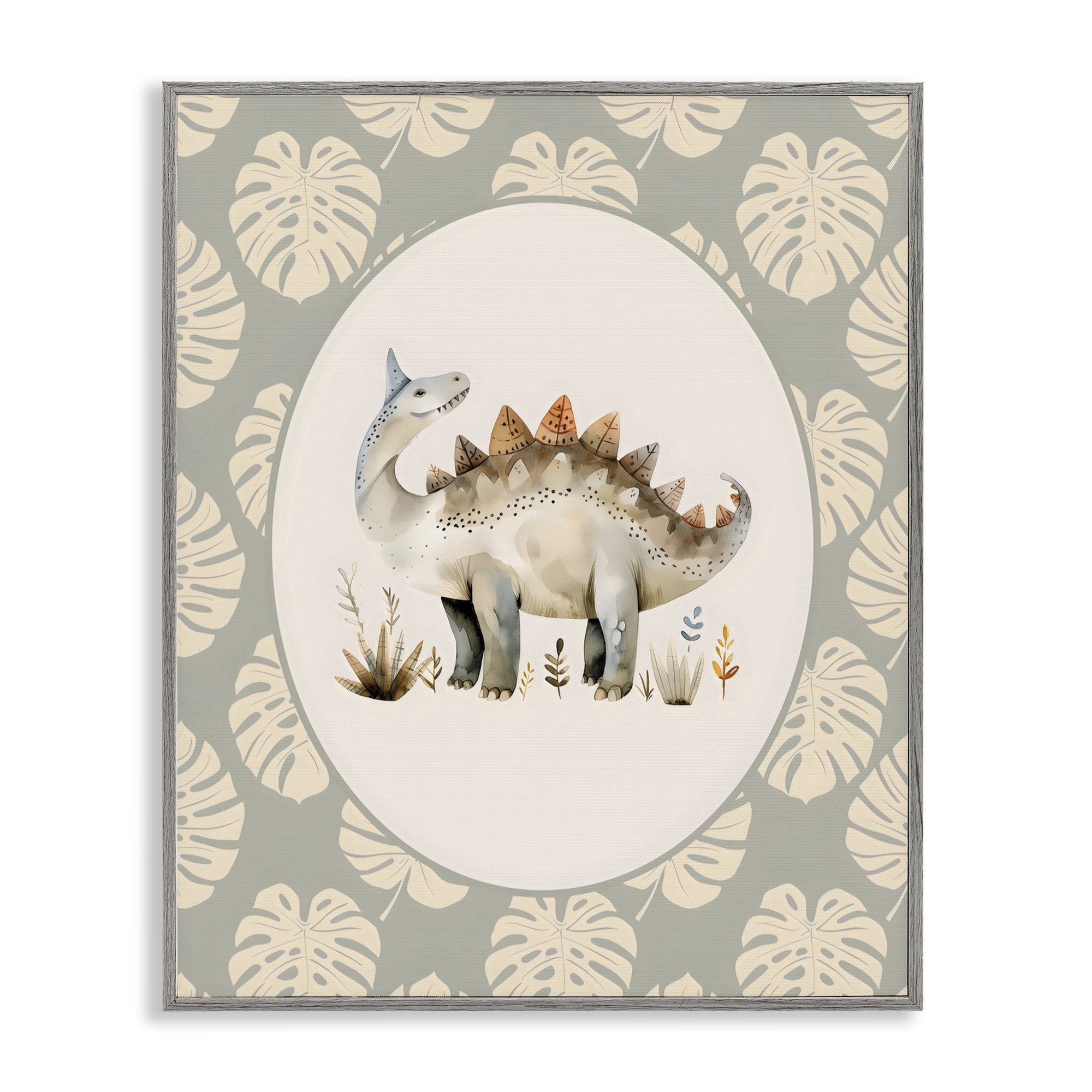 Stupell Industries Watercolor Dinosaur Monstera Border Gray Framed Giclee Art, design by LSR Design Studio