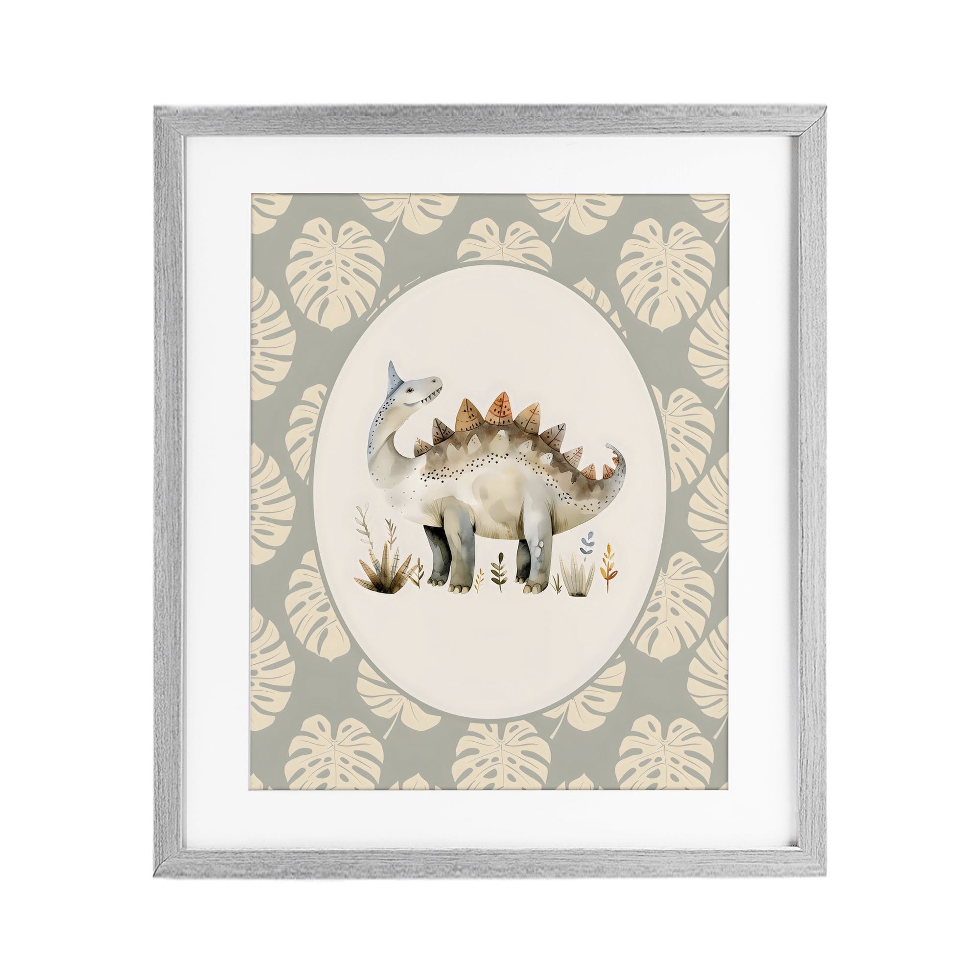 Stupell Industries Watercolor Dinosaur Monstera Border Gray Framed Print Under Glass, design by LSR Design Studio