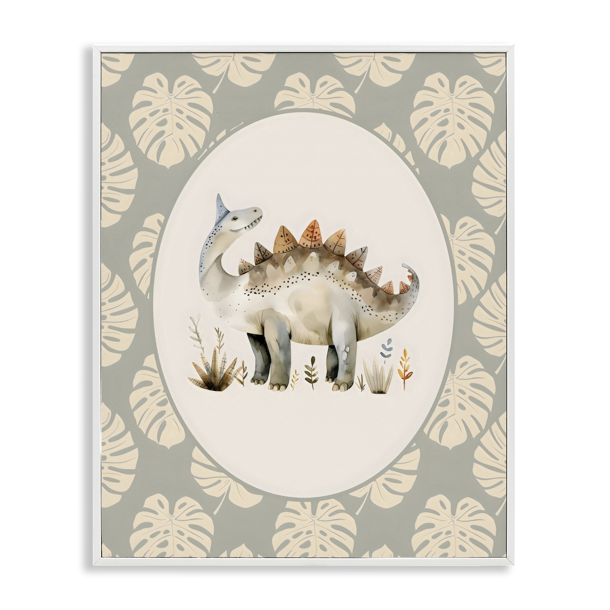 Stupell Industries Watercolor Dinosaur Monstera Border White Framed Giclee Art, design by LSR Design Studio