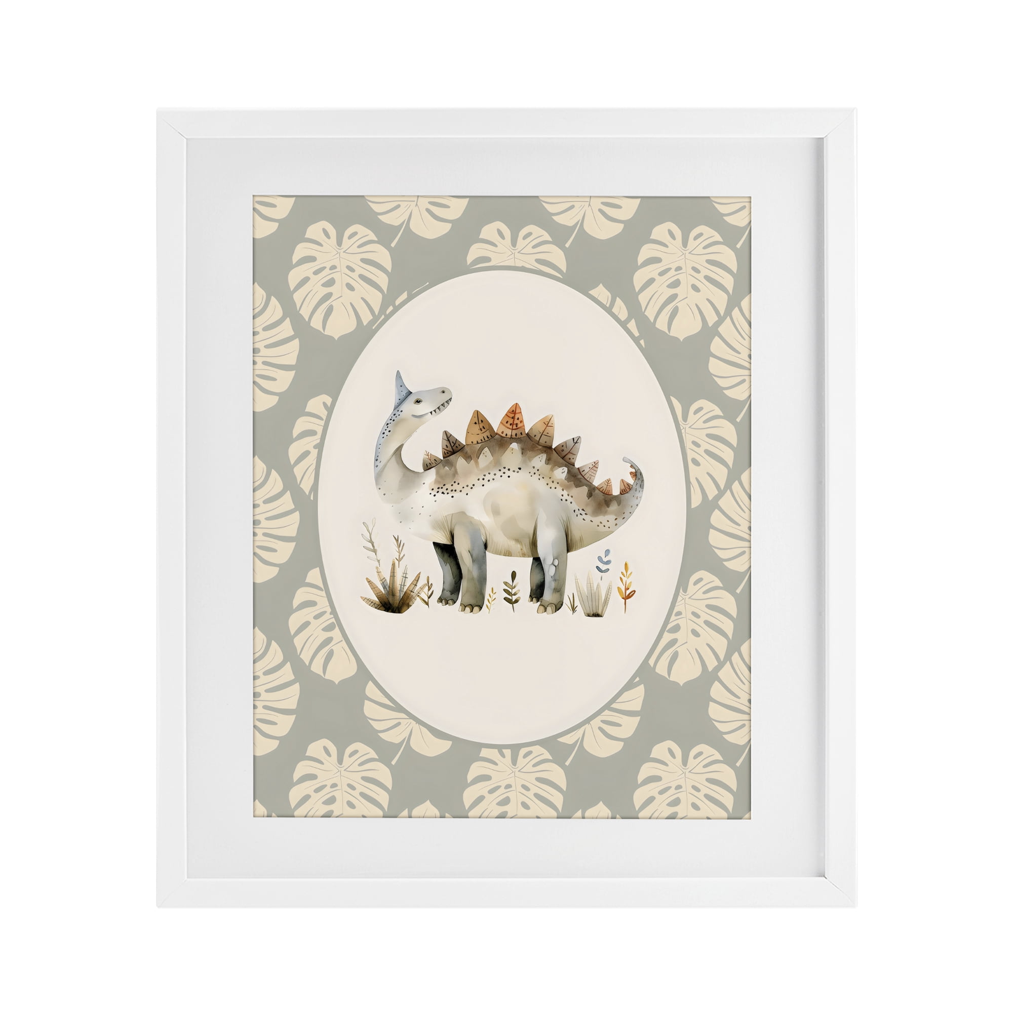 Stupell Industries Watercolor Dinosaur Monstera Border White Framed Print Under Glass, design by LSR Design Studio