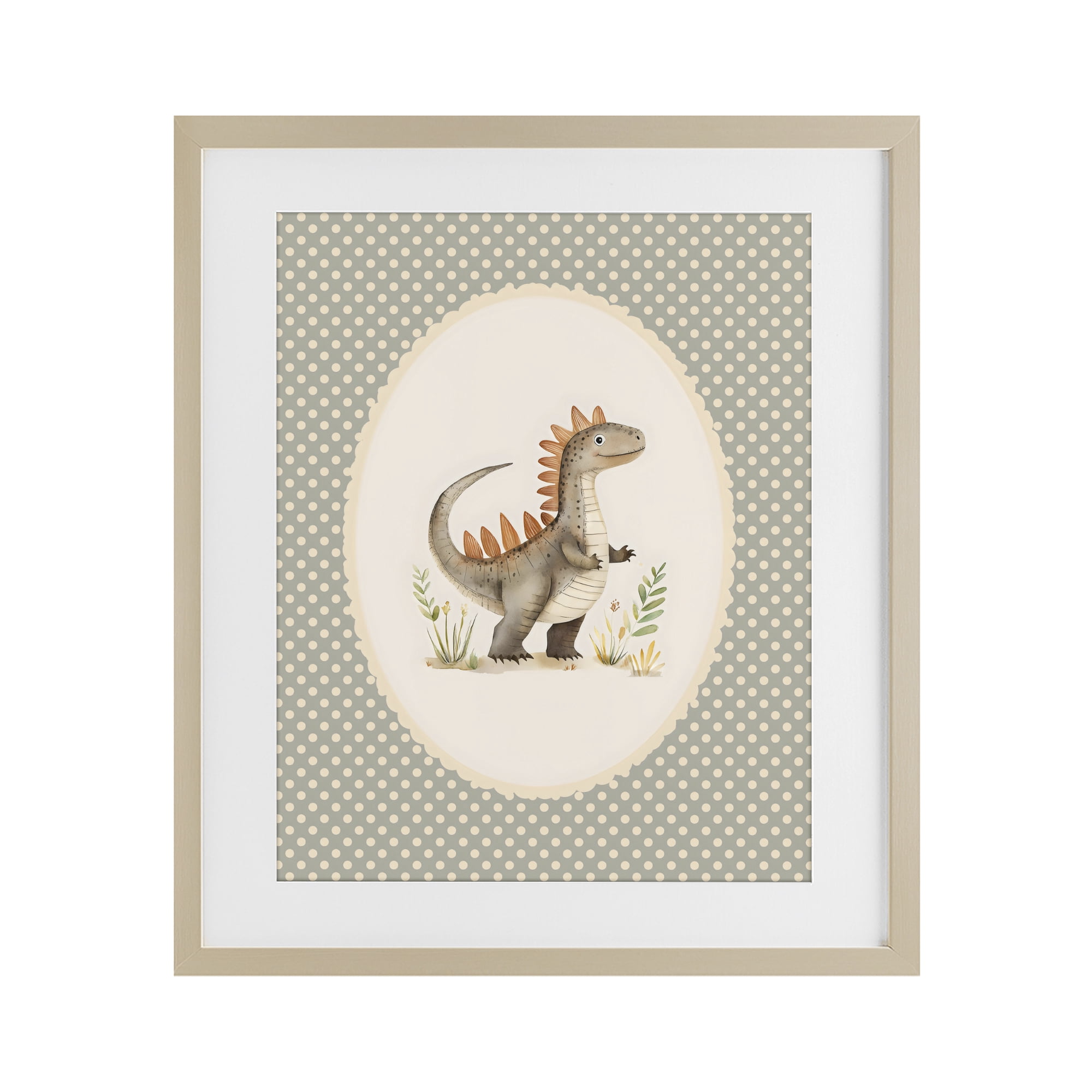 Stupell Industries Watercolor Dinosaur Polka Dot Border Birch Framed Print Under Glass, design by LSR Design Studio