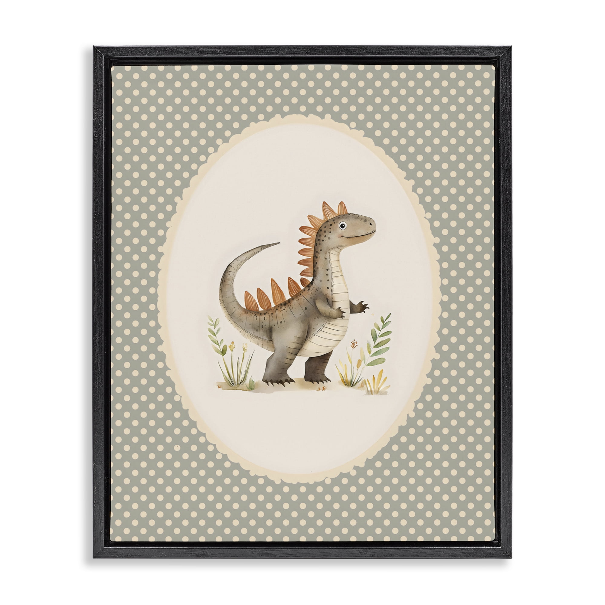 Stupell Industries Watercolor Dinosaur Polka Dot Border Black Framed Floater Canvas Wall Art, design by LSR Design Studio