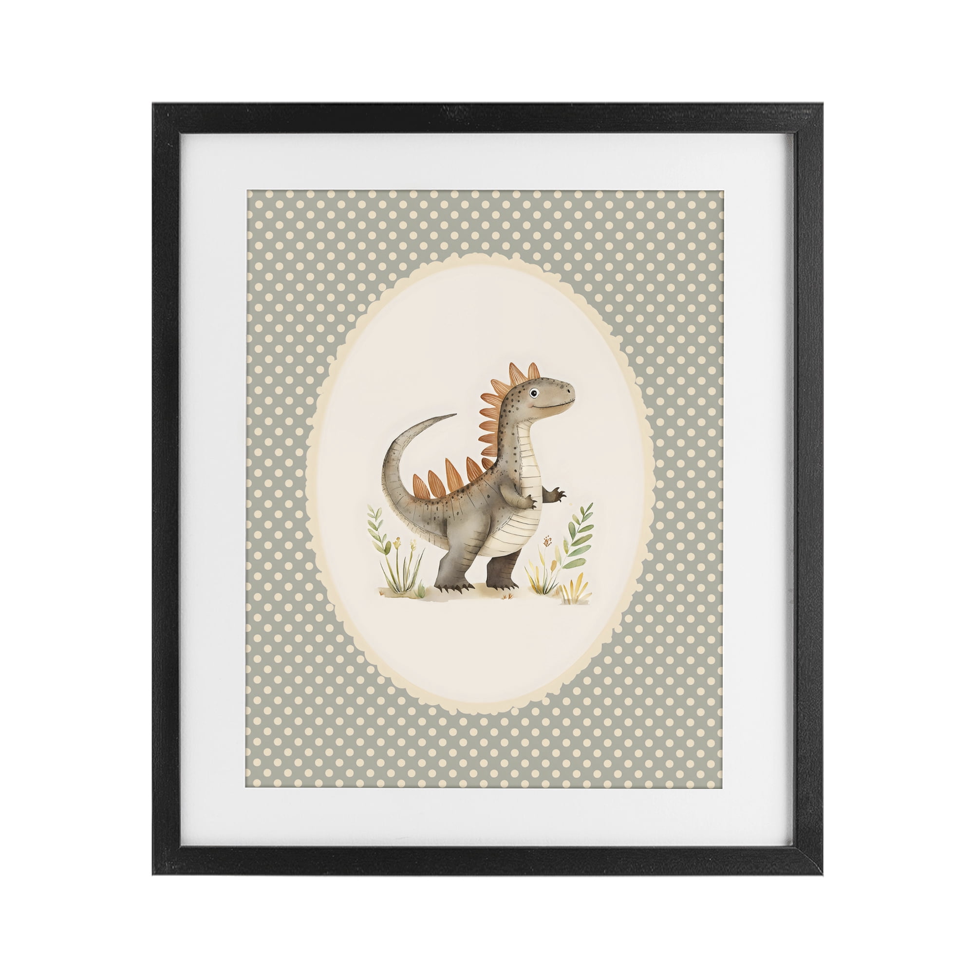 Stupell Industries Watercolor Dinosaur Polka Dot Border Black Framed Print Under Glass, design by LSR Design Studio
