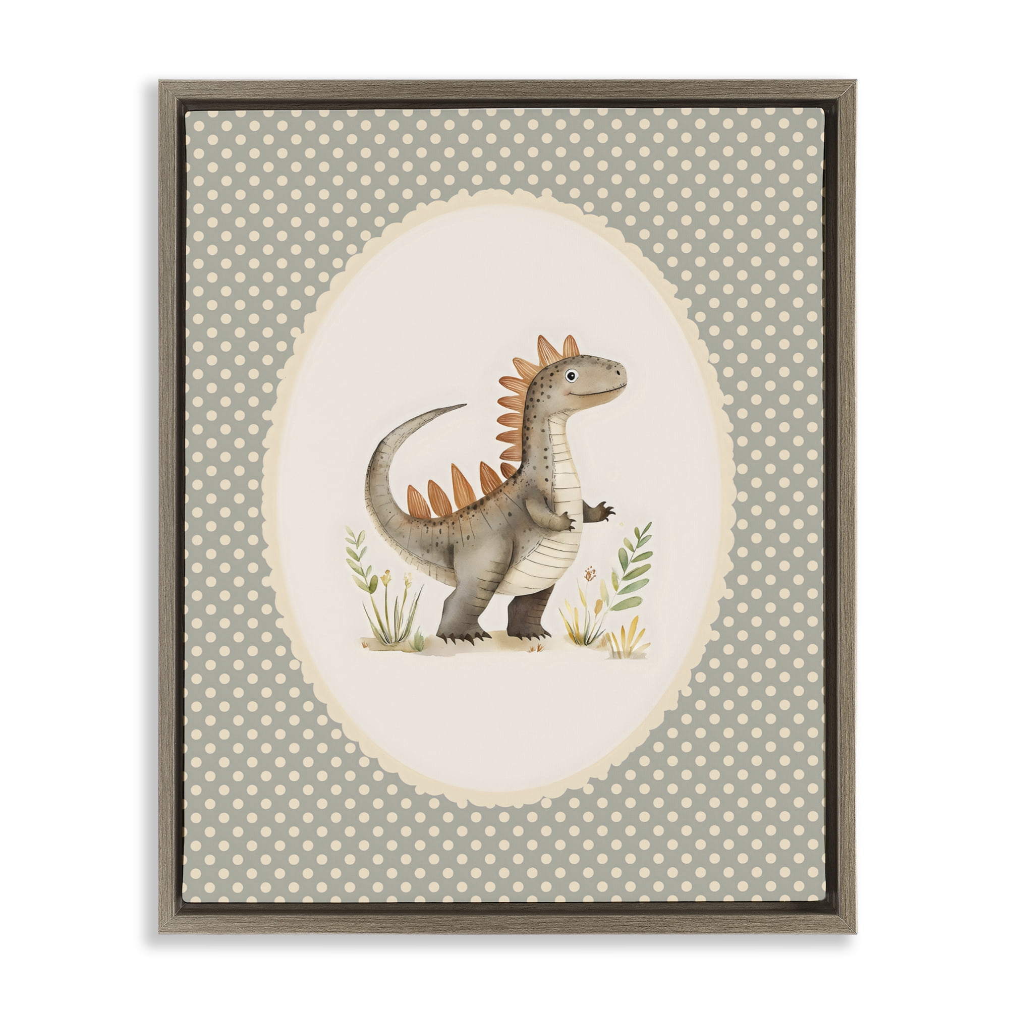 Stupell Industries Watercolor Dinosaur Polka Dot Border Brown Framed Floater Canvas Wall Art, design by LSR Design Studio