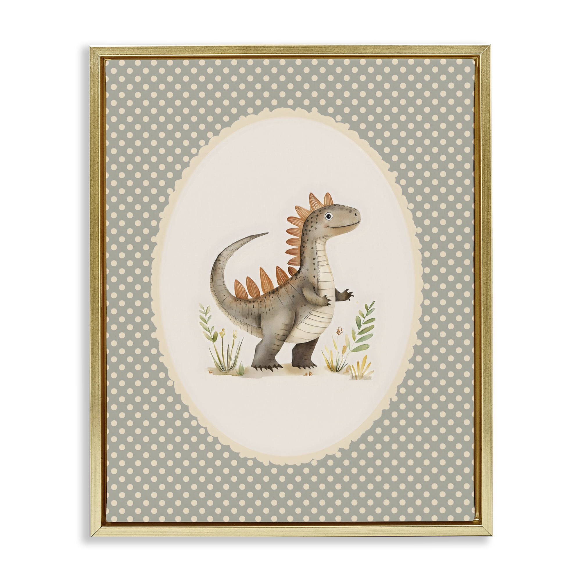 Stupell Industries Watercolor Dinosaur Polka Dot Border Gold Framed Floater Canvas Wall Art, design by LSR Design Studio