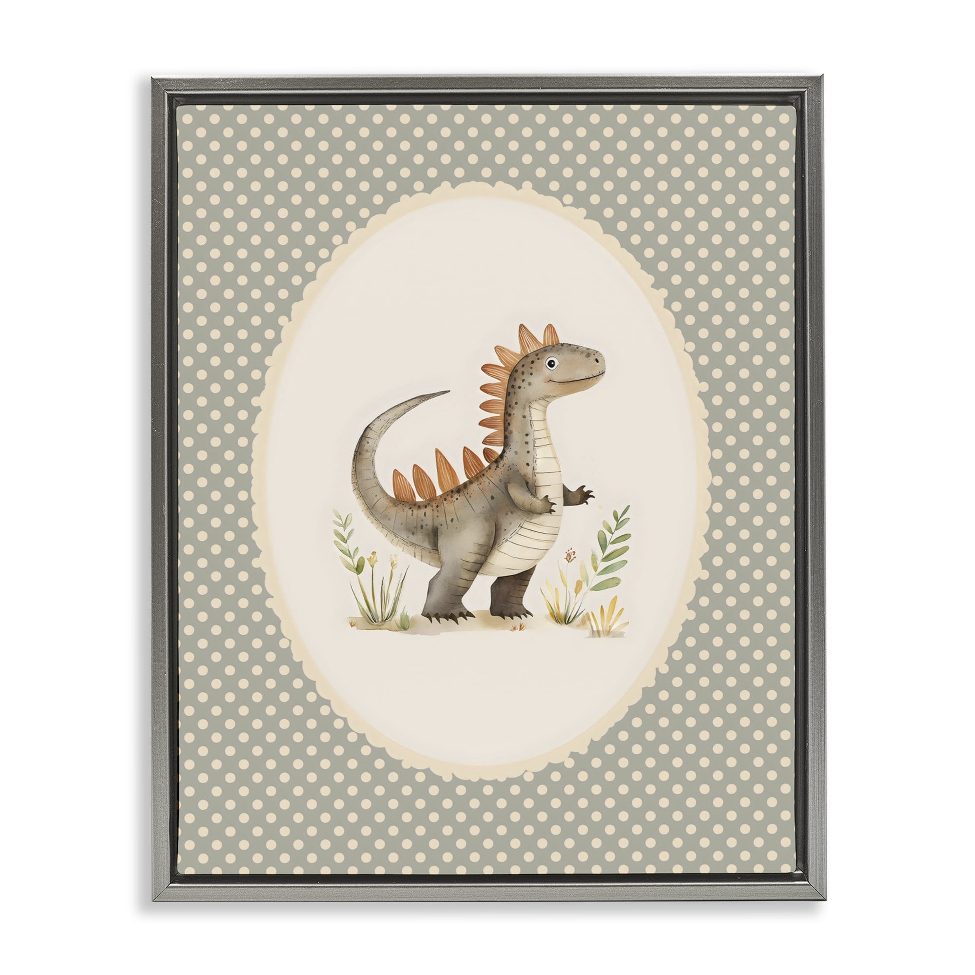 Stupell Industries Watercolor Dinosaur Polka Dot Border Gray Framed Floater Canvas Wall Art, design by LSR Design Studio
