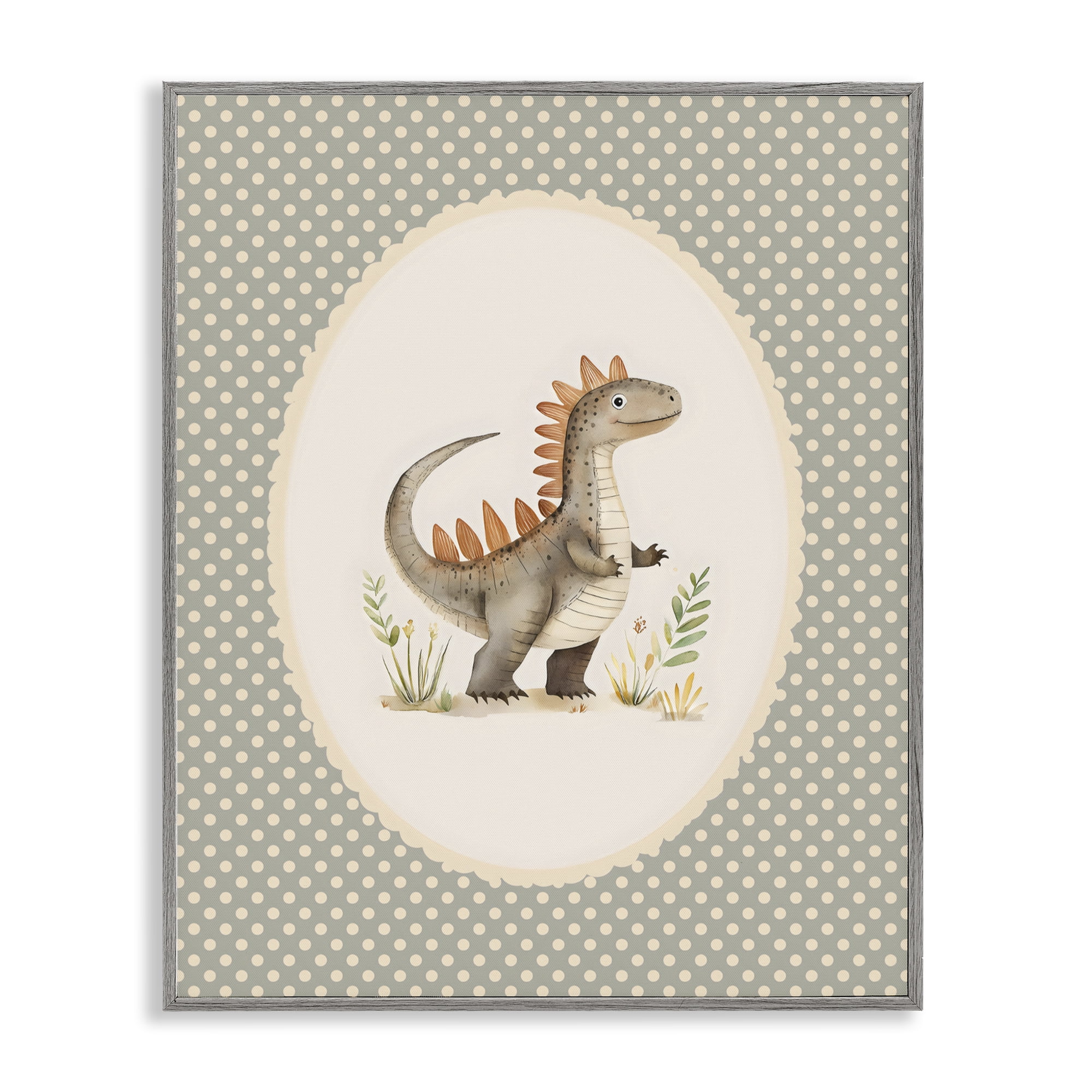 Stupell Industries Watercolor Dinosaur Polka Dot Border Gray Framed Giclee Art, design by LSR Design Studio