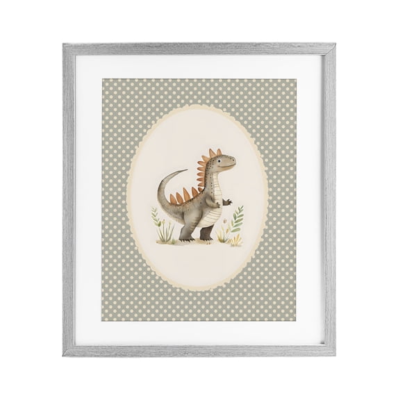 Stupell Industries Eclectic Watercolor Dinosaur Polka Dot Border Gray Framed Print Under Glass, 17 x 21, by LSR Design Studio