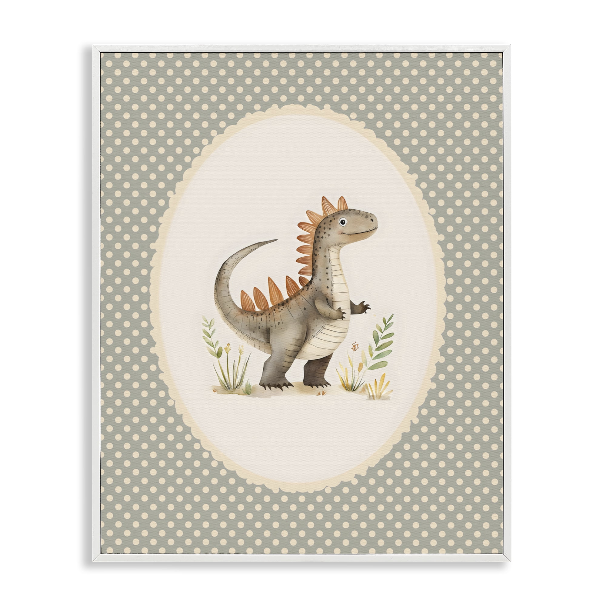 Stupell Industries Watercolor Dinosaur Polka Dot Border White Framed Giclee Art, design by LSR Design Studio