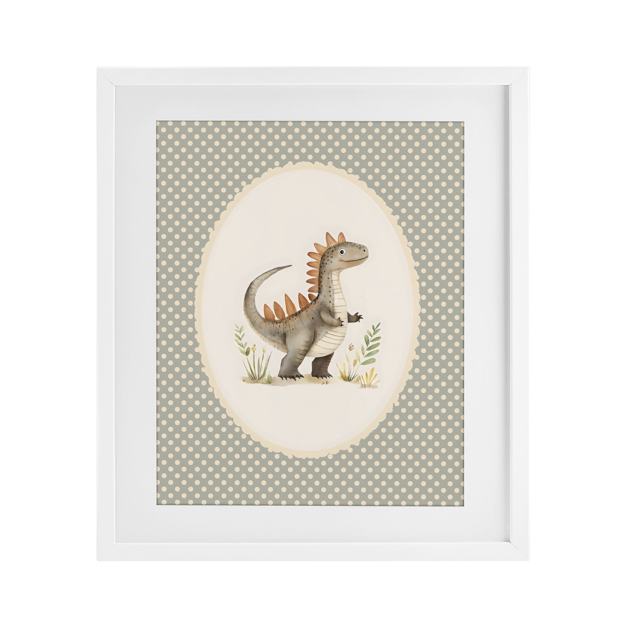 Stupell Industries Watercolor Dinosaur Polka Dot Border White Framed Print Under Glass, design by LSR Design Studio