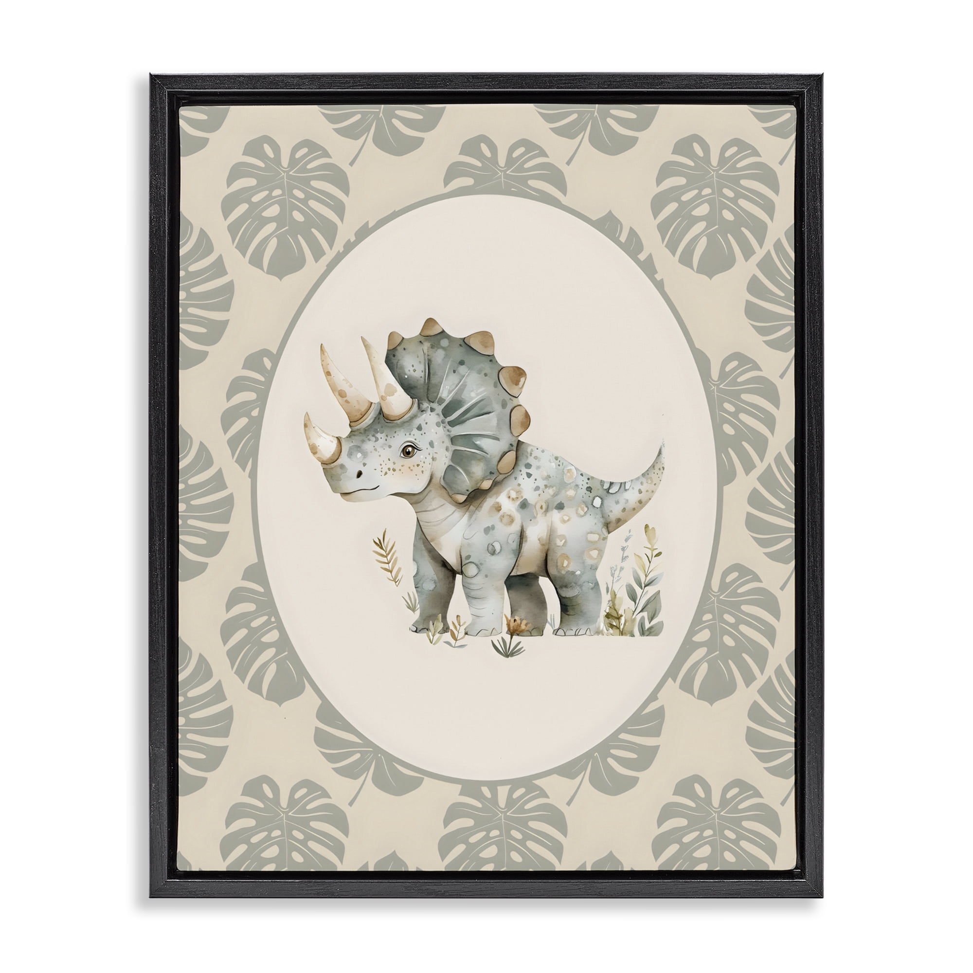 Stupell Industries Watercolor Dinosaur Tropical Border Black Framed Floater Canvas Wall Art, design by LSR Design Studio