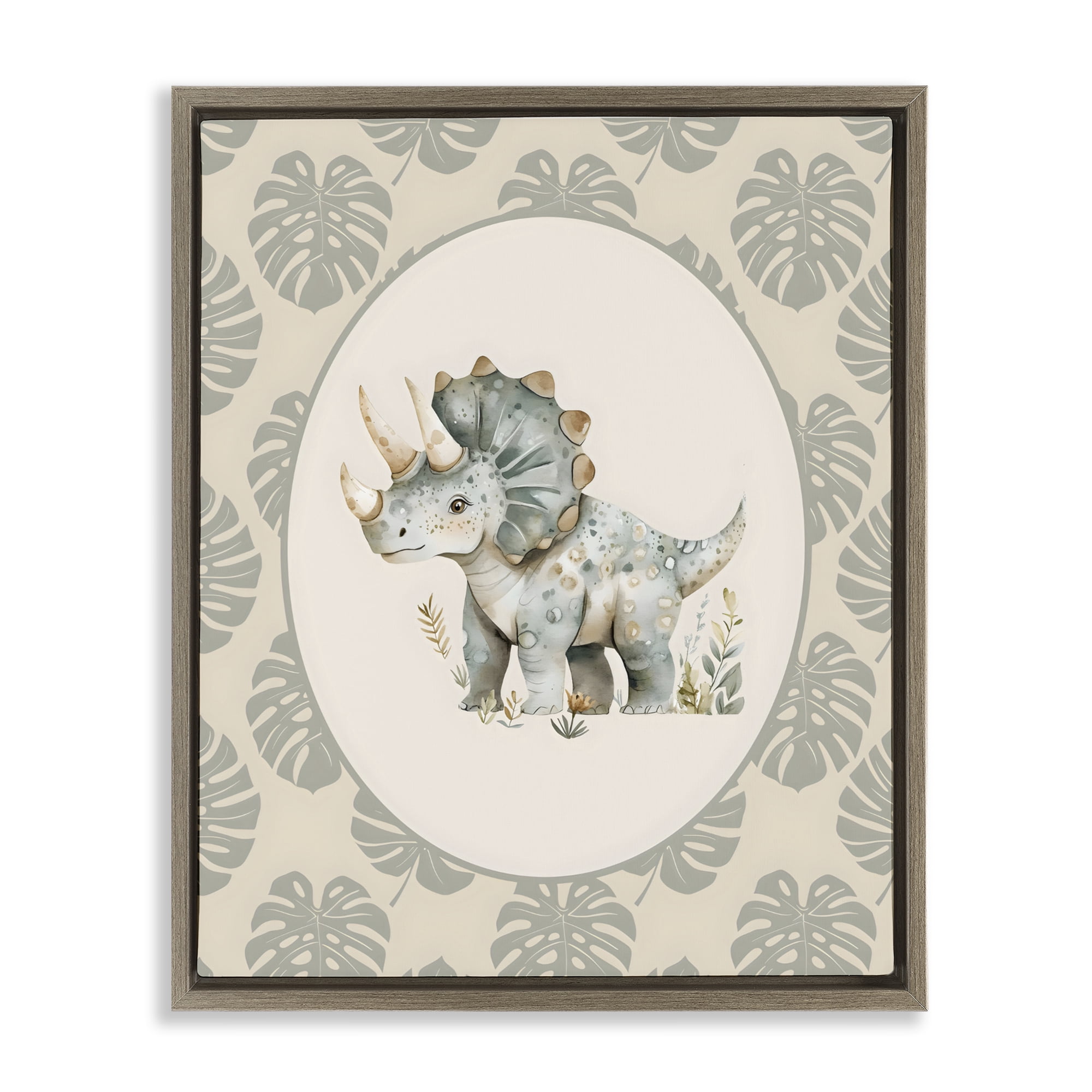Stupell Industries Watercolor Dinosaur Tropical Border Brown Framed Floater Canvas Wall Art, design by LSR Design Studio