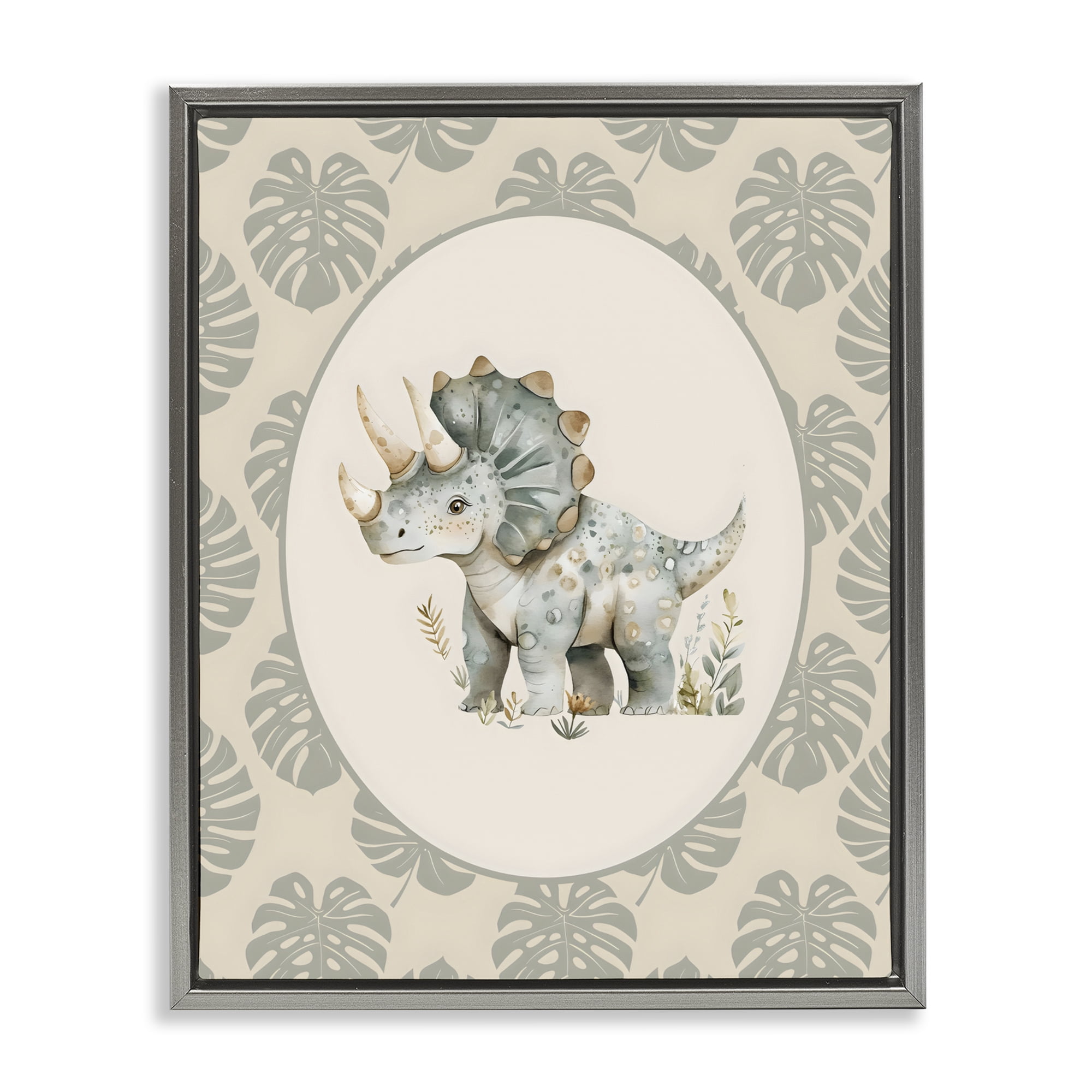 Stupell Industries Watercolor Dinosaur Tropical Border Gray Framed Floater Canvas Wall Art, design by LSR Design Studio