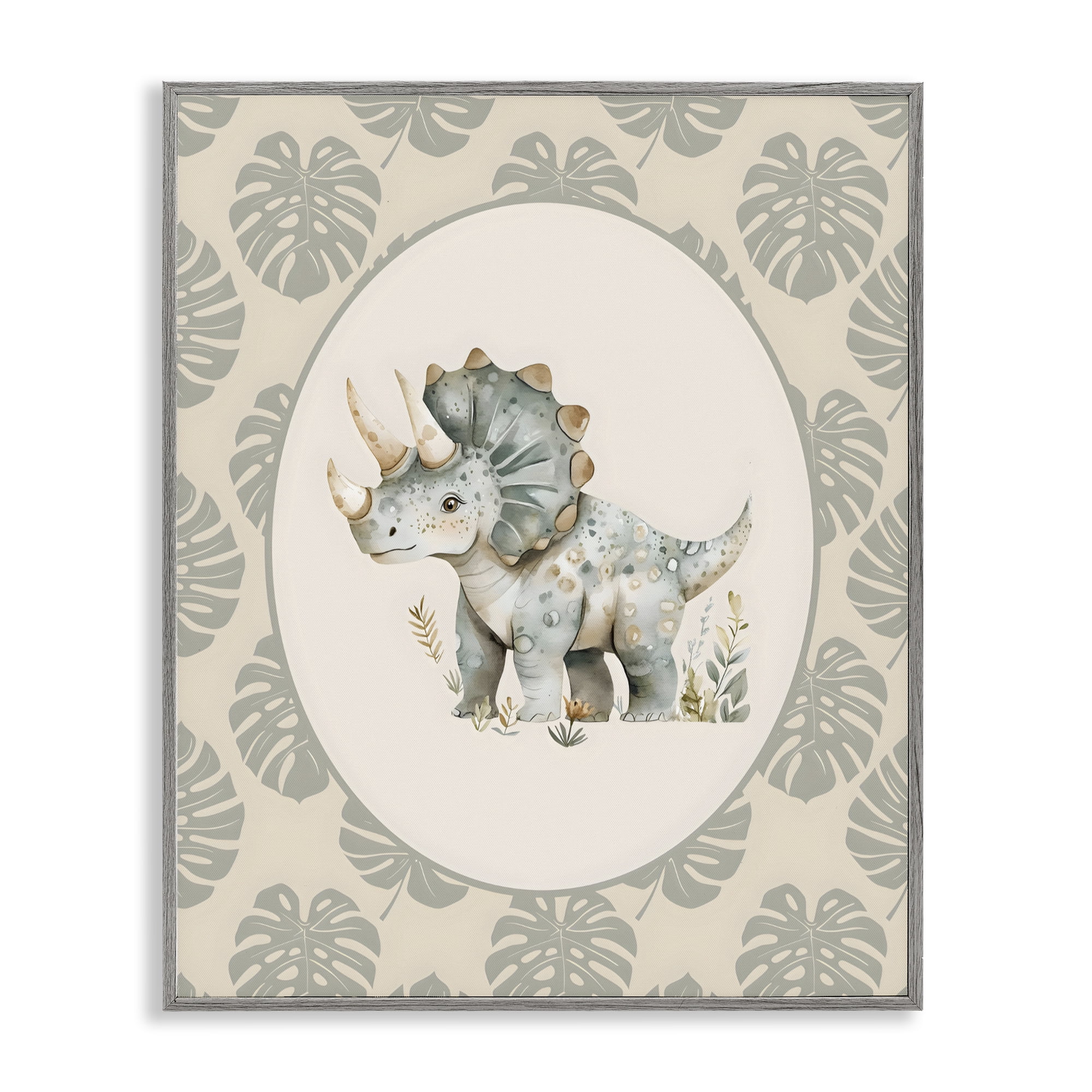 Stupell Industries Watercolor Dinosaur Tropical Border Gray Framed Giclee Art, design by LSR Design Studio