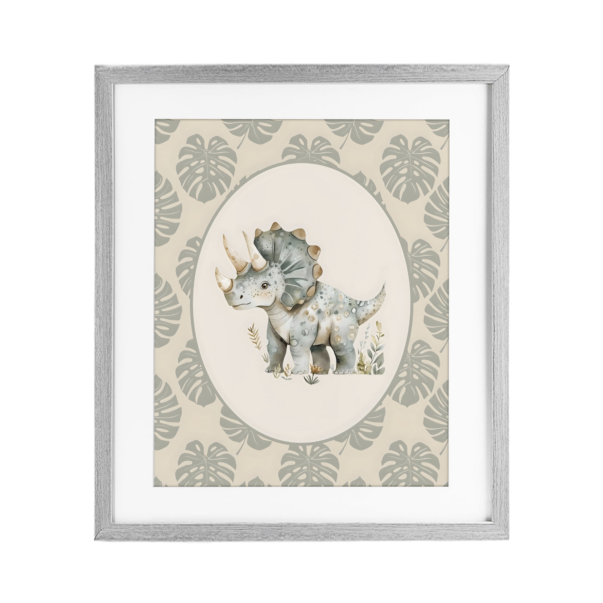 Stupell Industries Watercolor Dinosaur Tropical Border Gray Framed Print Under Glass, design by LSR Design Studio