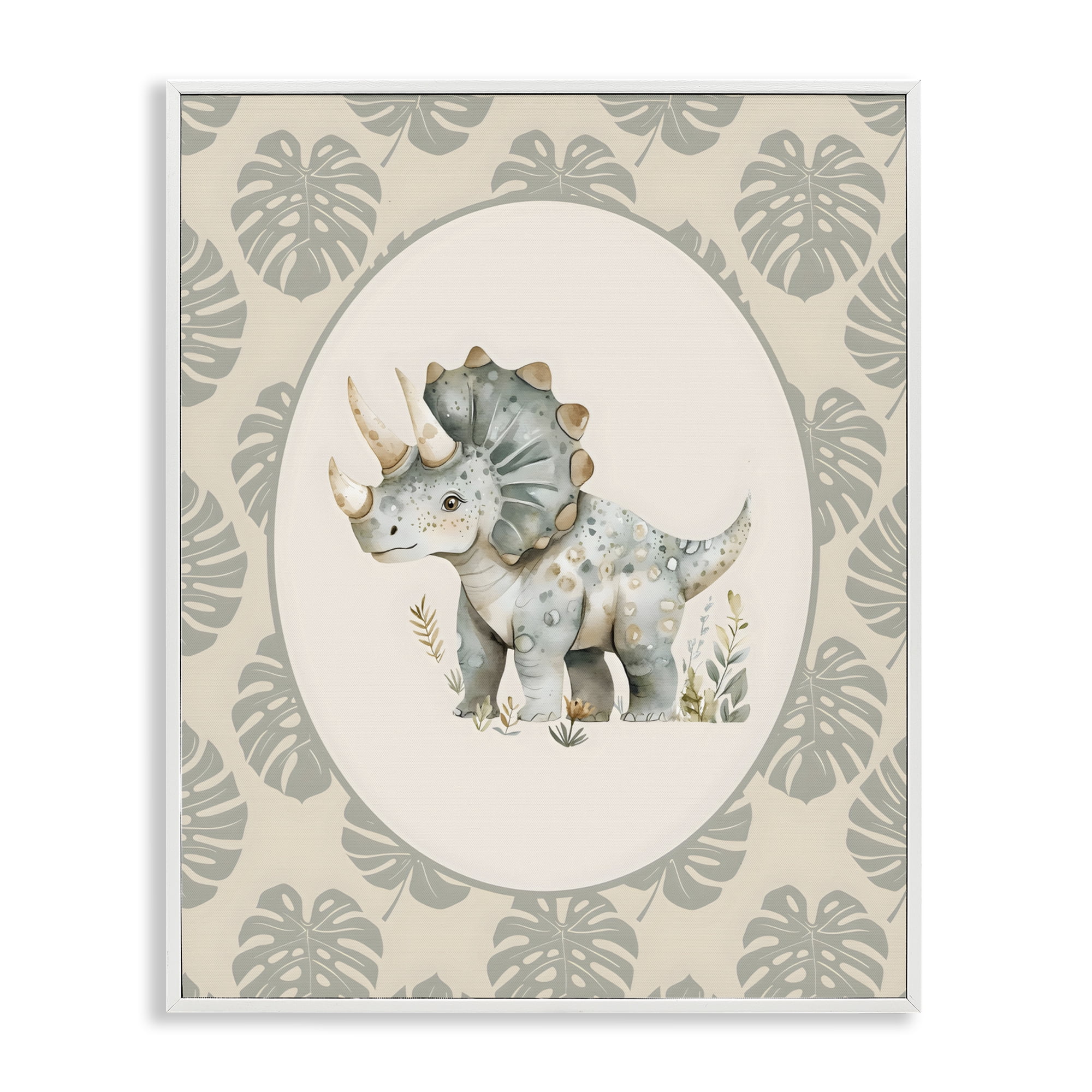 Stupell Industries Watercolor Dinosaur Tropical Border White Framed Giclee Art, design by LSR Design Studio