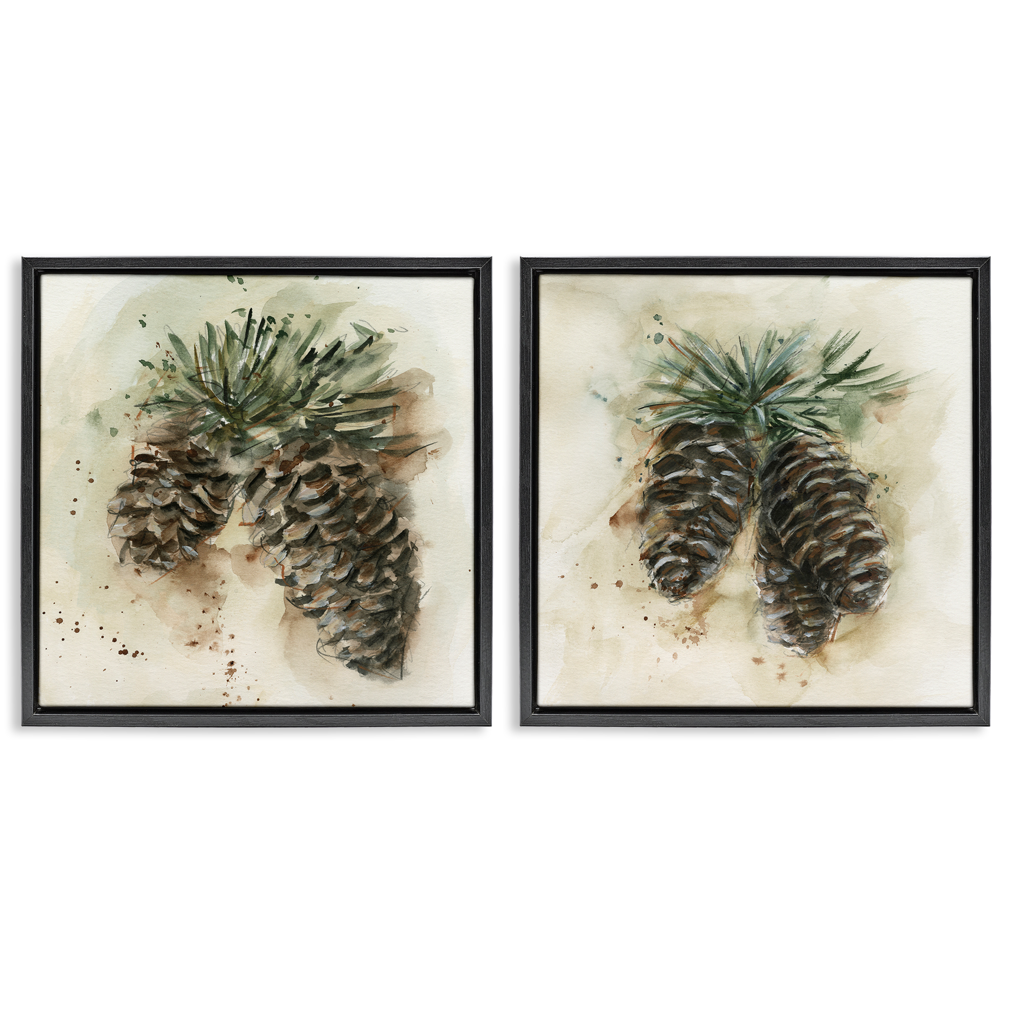 Stupell Industries Watercolor Drawing Pine Cones Plants & Flowers Painting Black Floater Framed Canvas Art Print Wall Art, 25 x 25, Set of 2