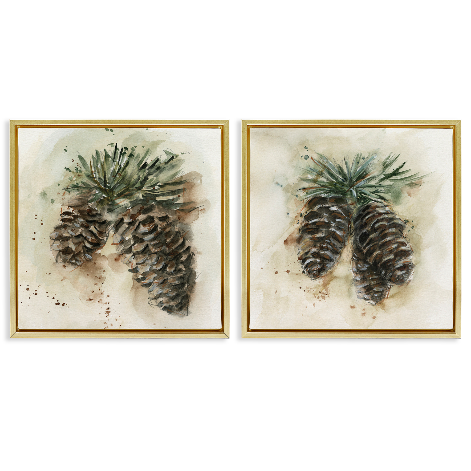 Stupell Industries Watercolor Drawing Pine Cones Plants & Flowers Painting Gold Floater Framed Canvas Art Print Wall Art, 18 x 18, Set of 2