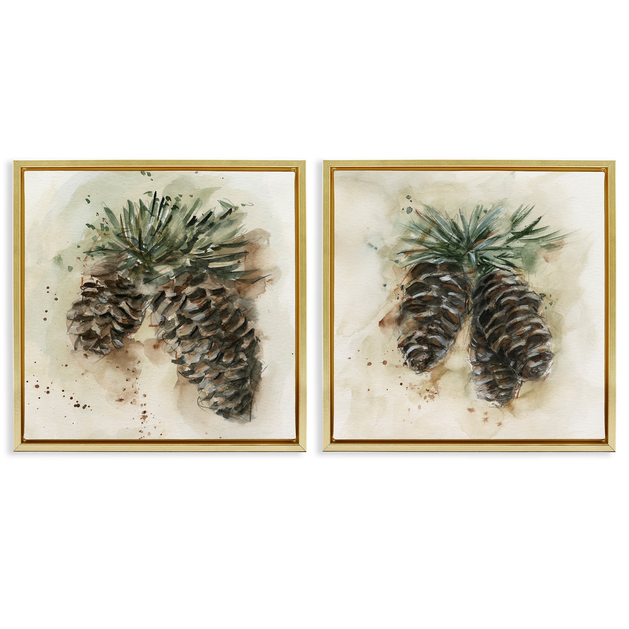 Stupell Industries Watercolor Drawing Pine Cones Plants & Flowers Painting Gold Floater Framed Canvas Art Print Wall Art, 25 x 25, Set of 2